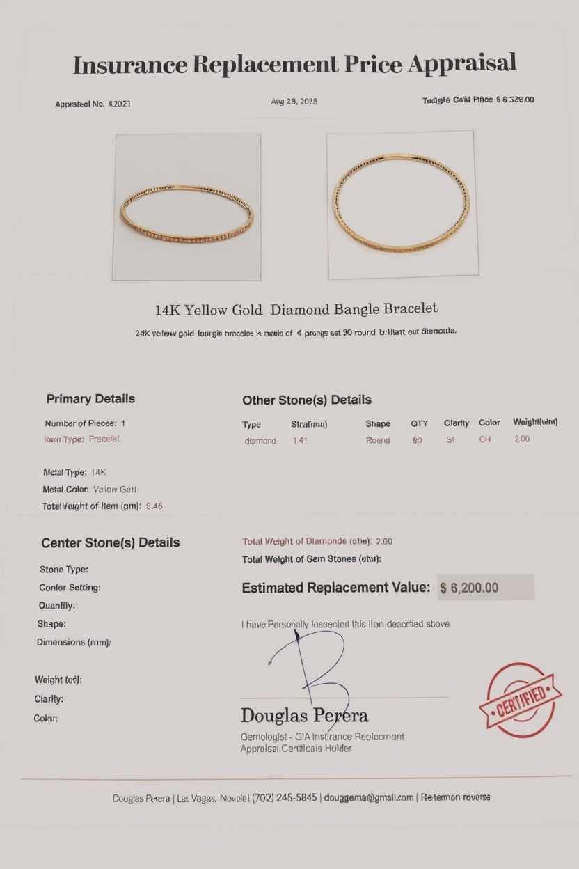 Photo 1 of 14K YELLOW GOLD W 2.00 ctw DIAMOND BANGLE BRACELET TTL GRAMS 8.46 W INSURANCE APPRAISAL ITEM # 2021 