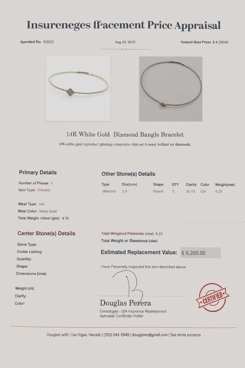 Photo 1 of 14K WHITE GOLD W 0.25 ctw DIAMOND BANGLE BRACELET TTL GRAMS 4.70 W INSURANCE APPRAISAL ITEM # 2022 RETAIL 