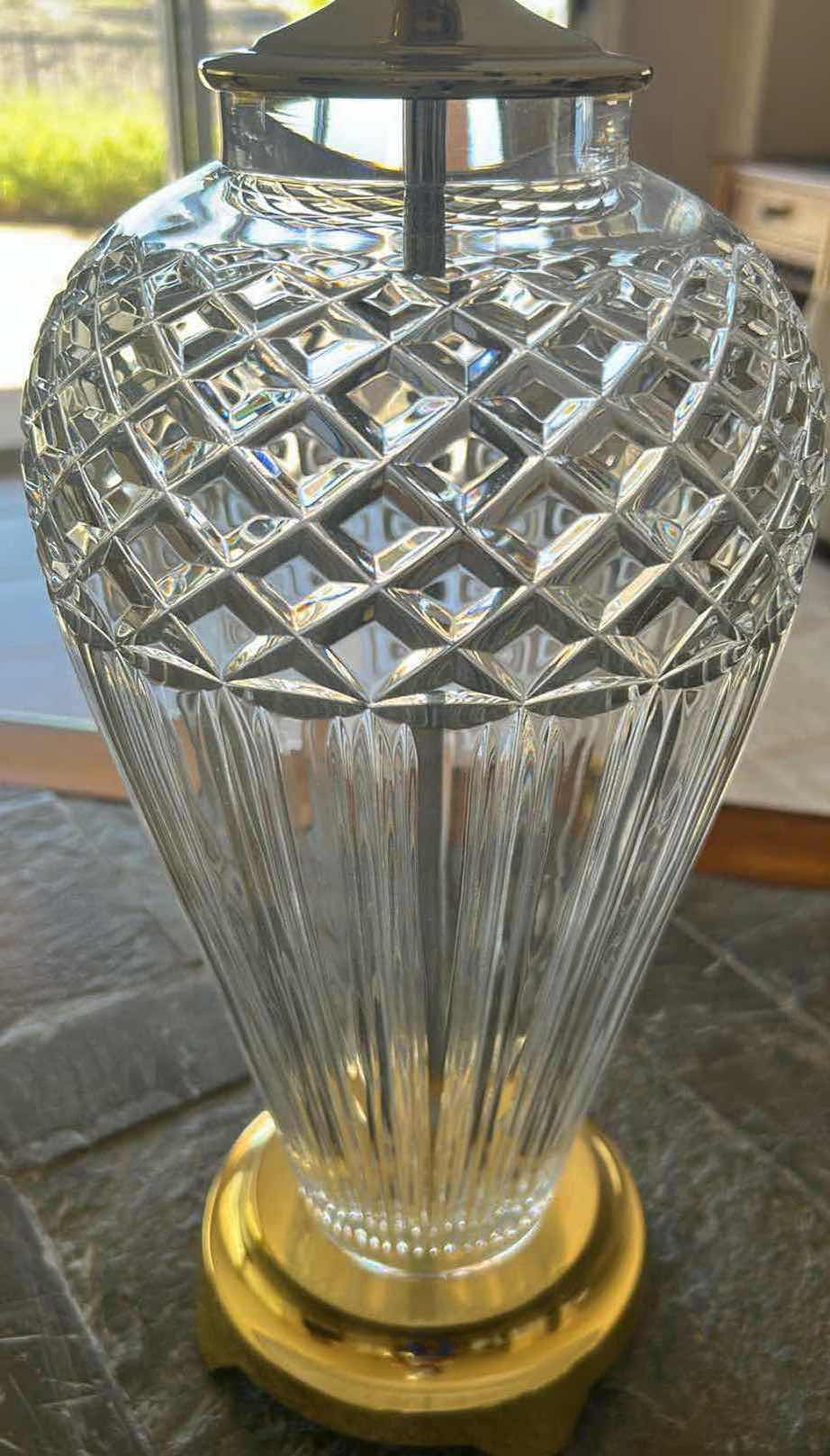 Photo 1 of WATERFORD CRYSTAL BELLINE TABLE LAMP W WHITE PLEATED SHADE AND BRASS  BASE H 30'