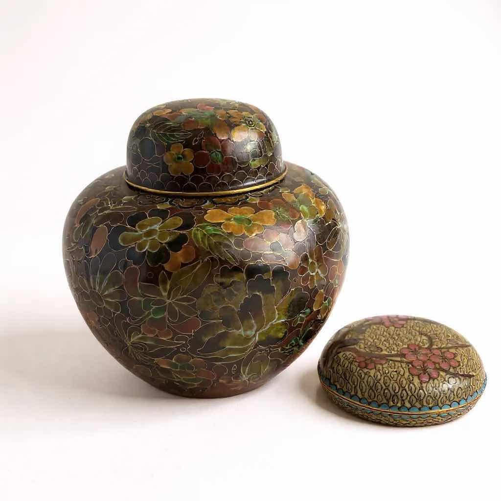 Photo 1 of VINTAGE BOHO CLOISONNÉ JAR W LID H 8"& SMALL TRINKET BOX
