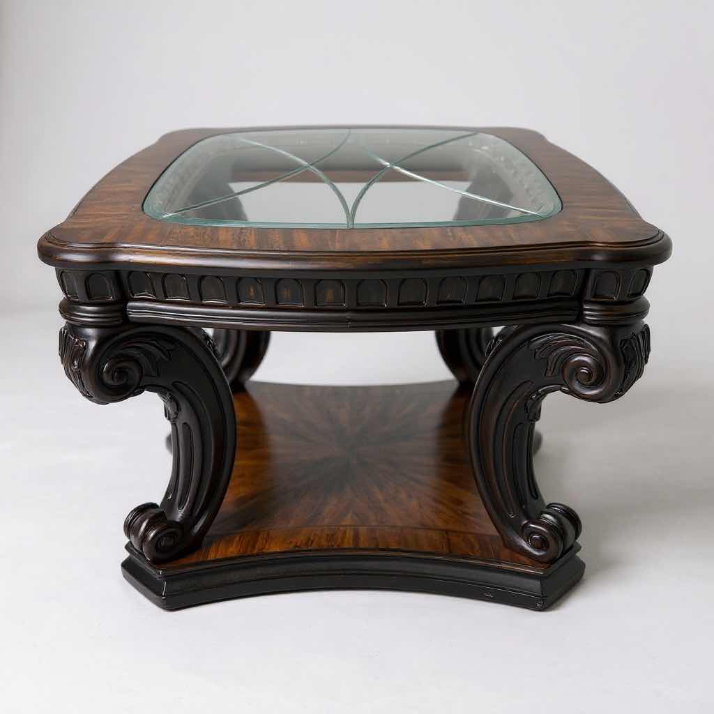Photo 1 of MAHOGANY END TABLE W ETCHED GLASS TOP 26" X 29" H 23"