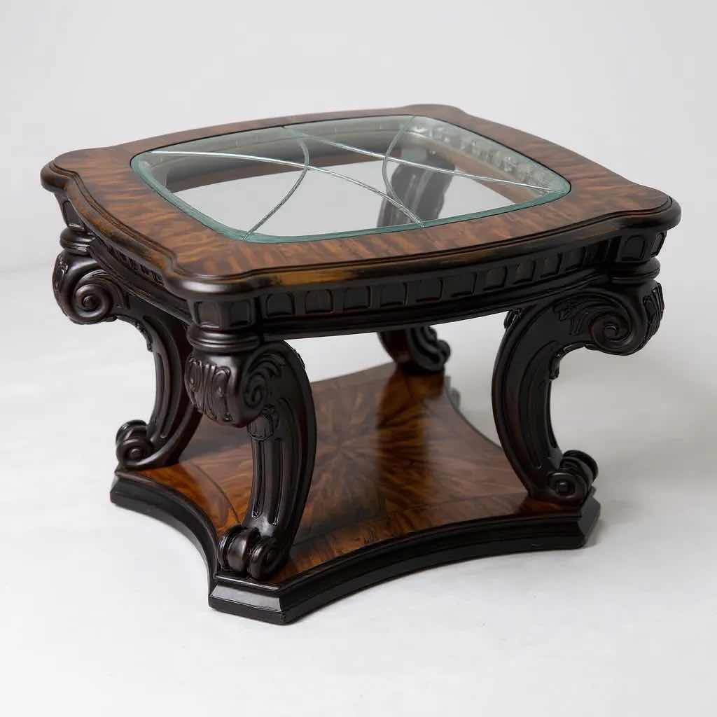 Photo 1 of MAHOGANY END TABLE W ETCHED GLASS TOP 26" X 29" H 23"