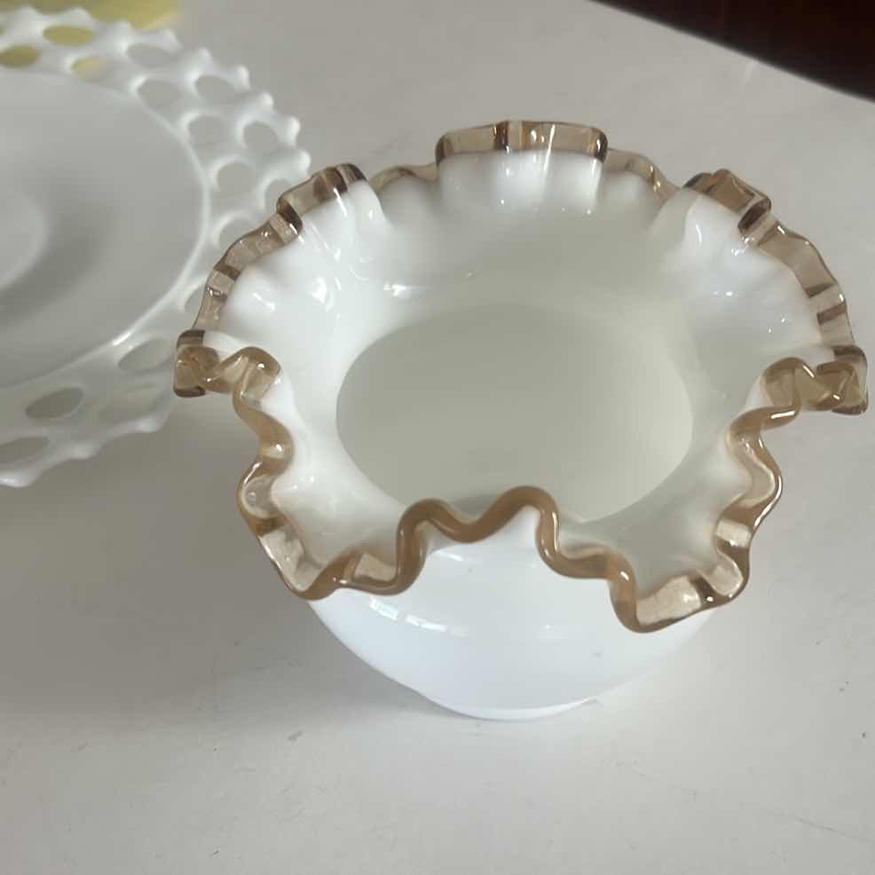 Photo 1 of 2 SCALLOPED VINTAGE MILK GLASS  PIECES (PLATE 11.5”) FENTON GOLD CREST MILK GLASS  VASE H5”