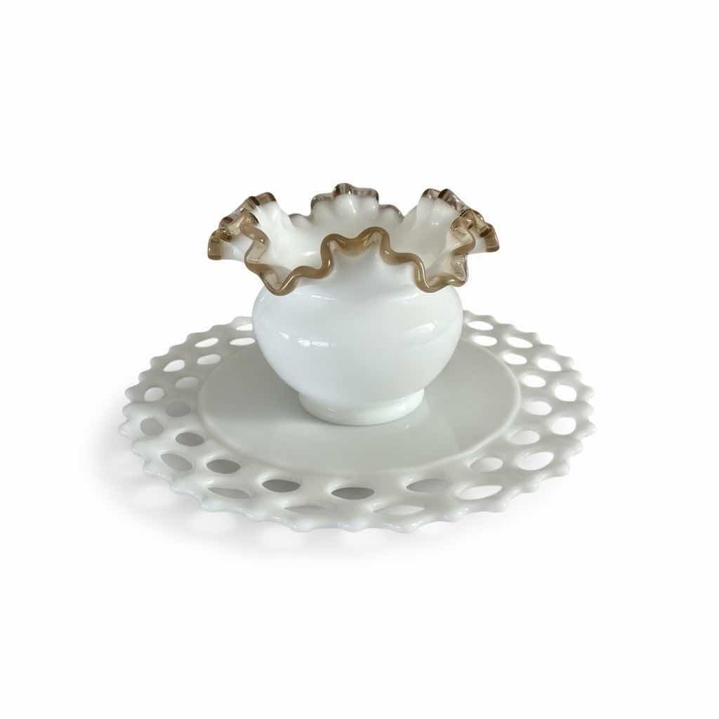 Photo 1 of 2 SCALLOPED VINTAGE MILK GLASS  PIECES (PLATE 11.5”) FENTON GOLD CREST MILK GLASS  VASE H5”