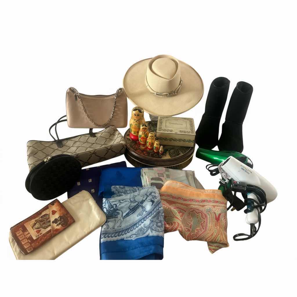Photo 1 of WOMENS ASSORTMENT, COWGIRL HAT, BEAR PAW BOOTS SIZE 10, SCARVES, HANDBAGS AND MORE