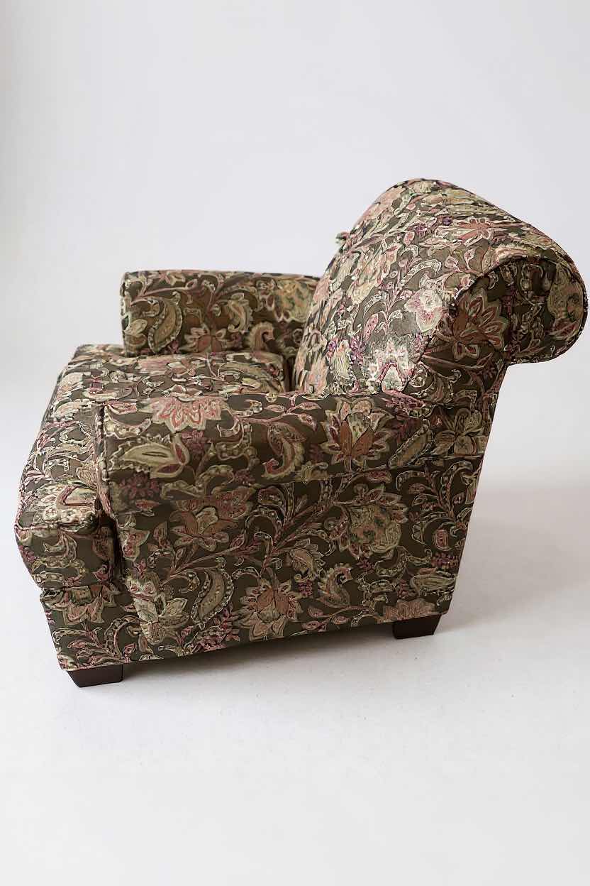 Photo 1 of RC WILLEY ARMCHAIR W HIGH BACK ANGLED SIDES UPHOLSTERED PAISLEY PATTERN FABRIC IN BROWN & ORANGE
