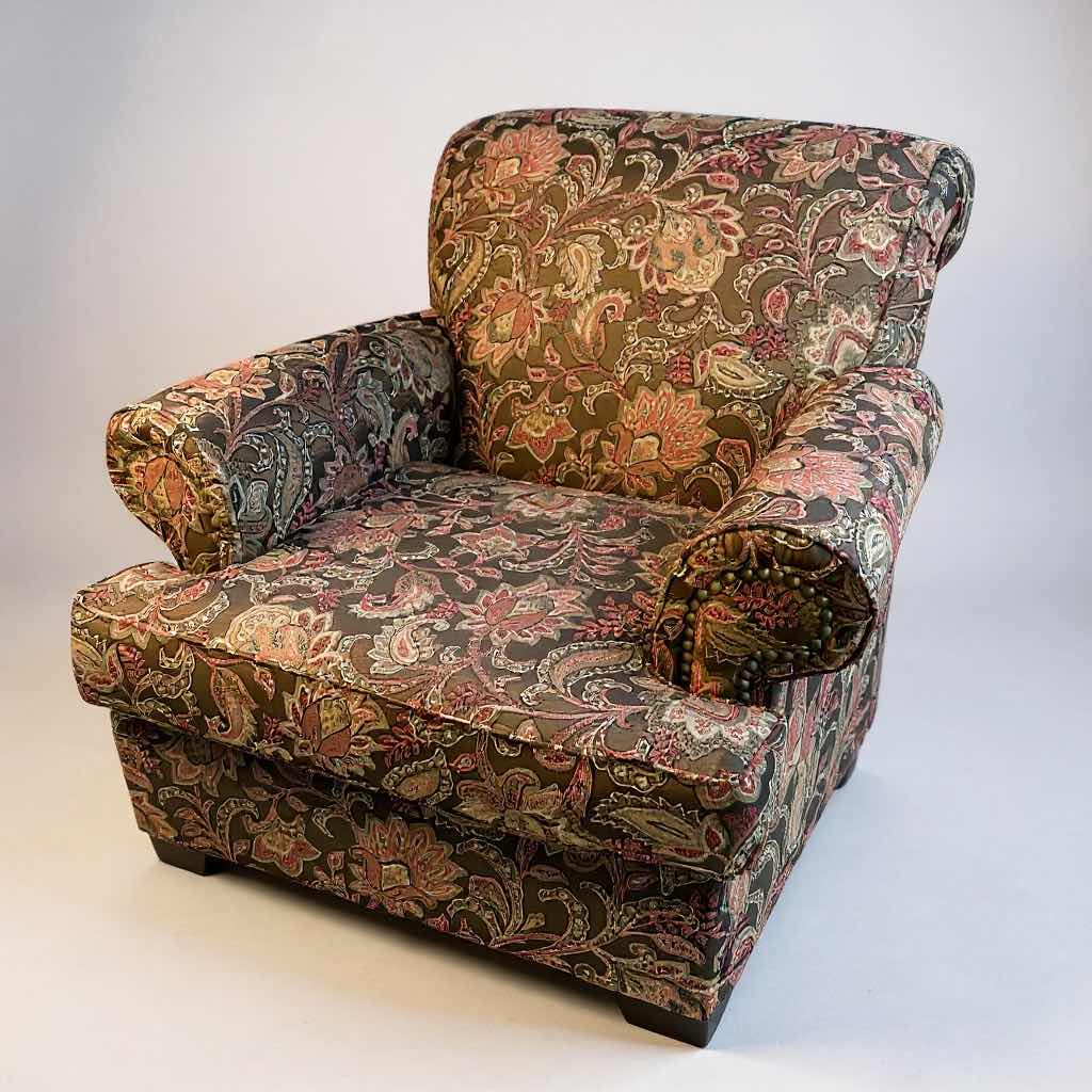 Photo 1 of RC WILLEY ARMCHAIR W HIGH BACK ANGLED SIDES UPHOLSTERED PAISLEY PATTERN FABRIC IN BROWN & ORANGE