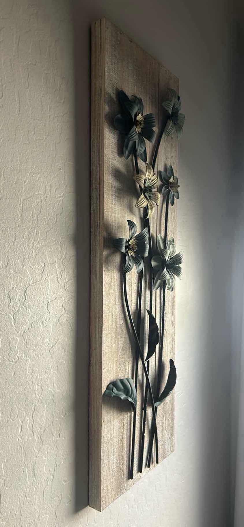 Photo 1 of METAL FLOWERS ARTWORK ON A WOODEN PLANK 12" X 35"