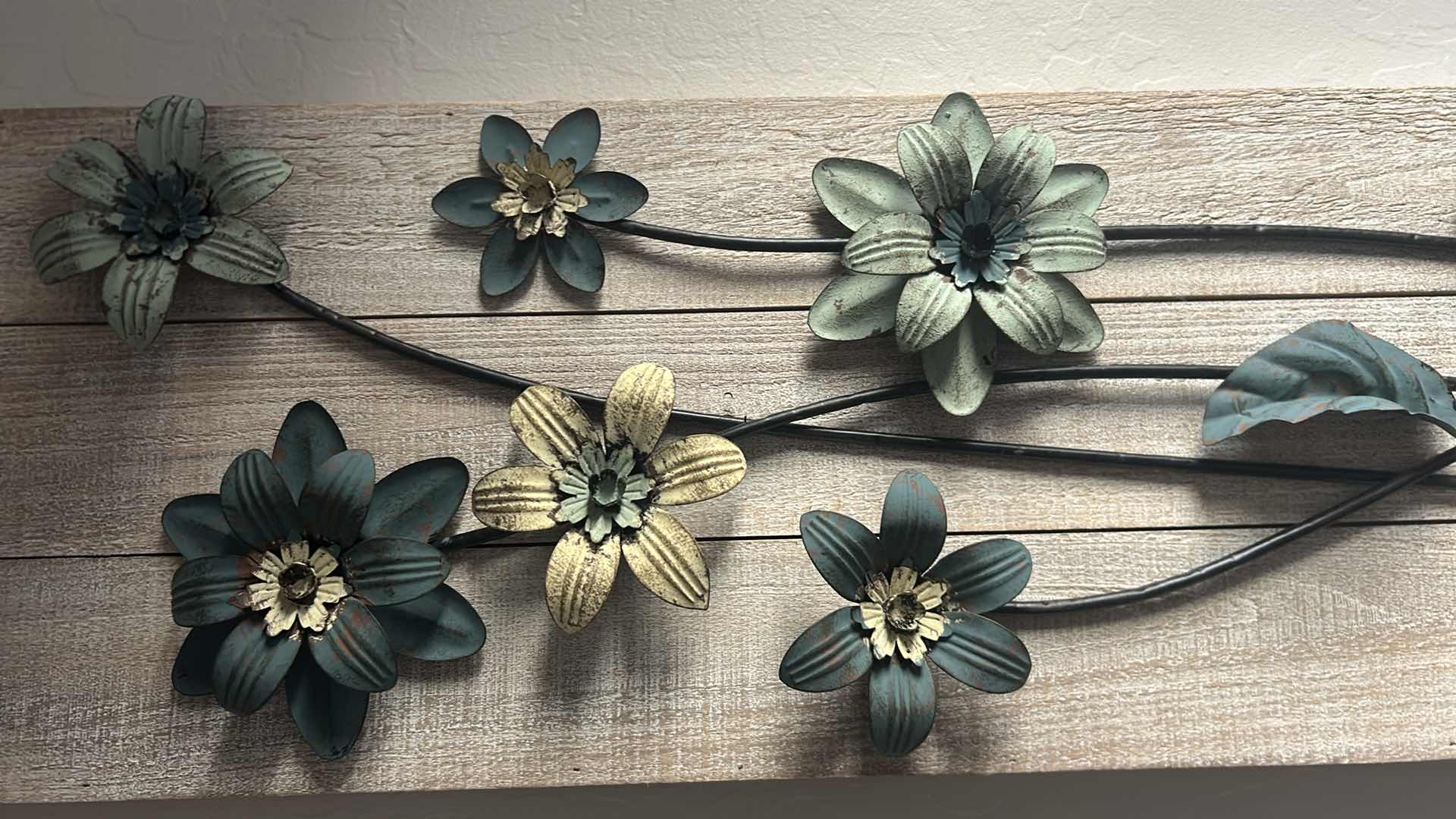 Photo 1 of METAL FLOWERS ARTWORK ON A WOODEN PLANK 12" X 35"