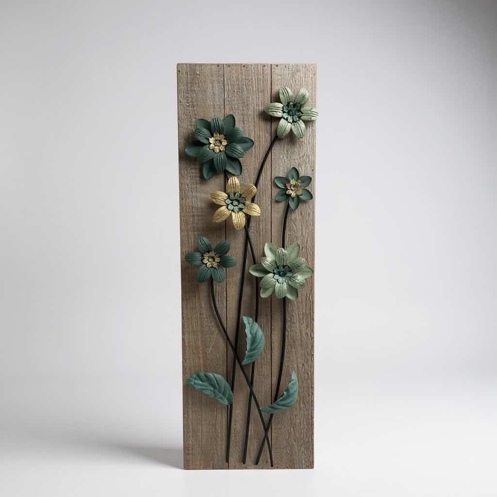 Photo 1 of METAL FLOWERS ARTWORK ON A WOODEN PLANK 12" X 35"