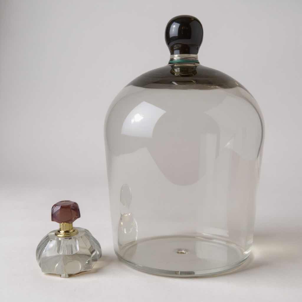 Photo 1 of 10" GLASS CLOCHE & SMALL ORNATE PERFUME BOTTLE 3"