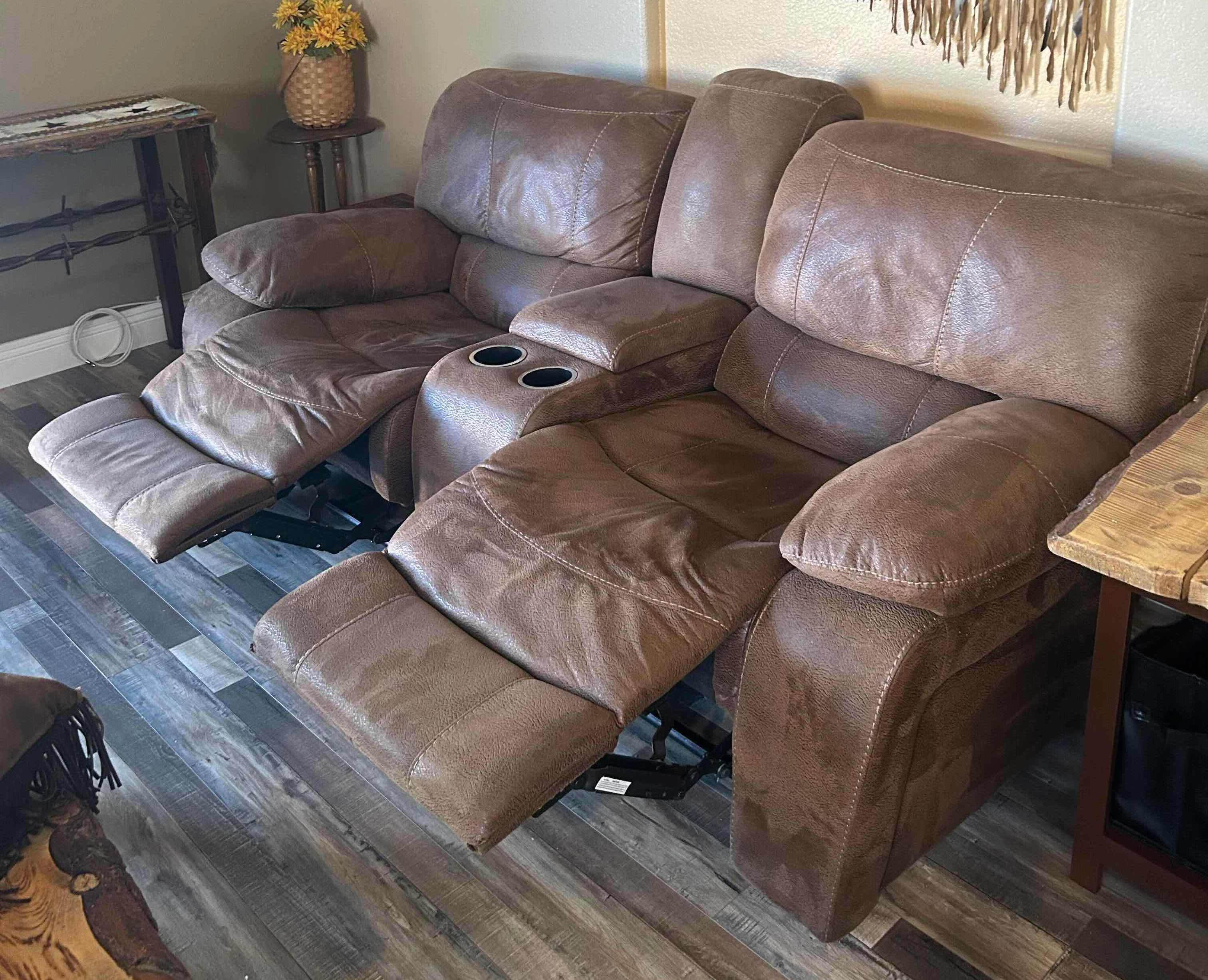 Photo 1 of BROWN SOFT SUEDE RECLINING LOVESEAT W CENTER CONSOLE & CUP HOLDERS 6.5FT