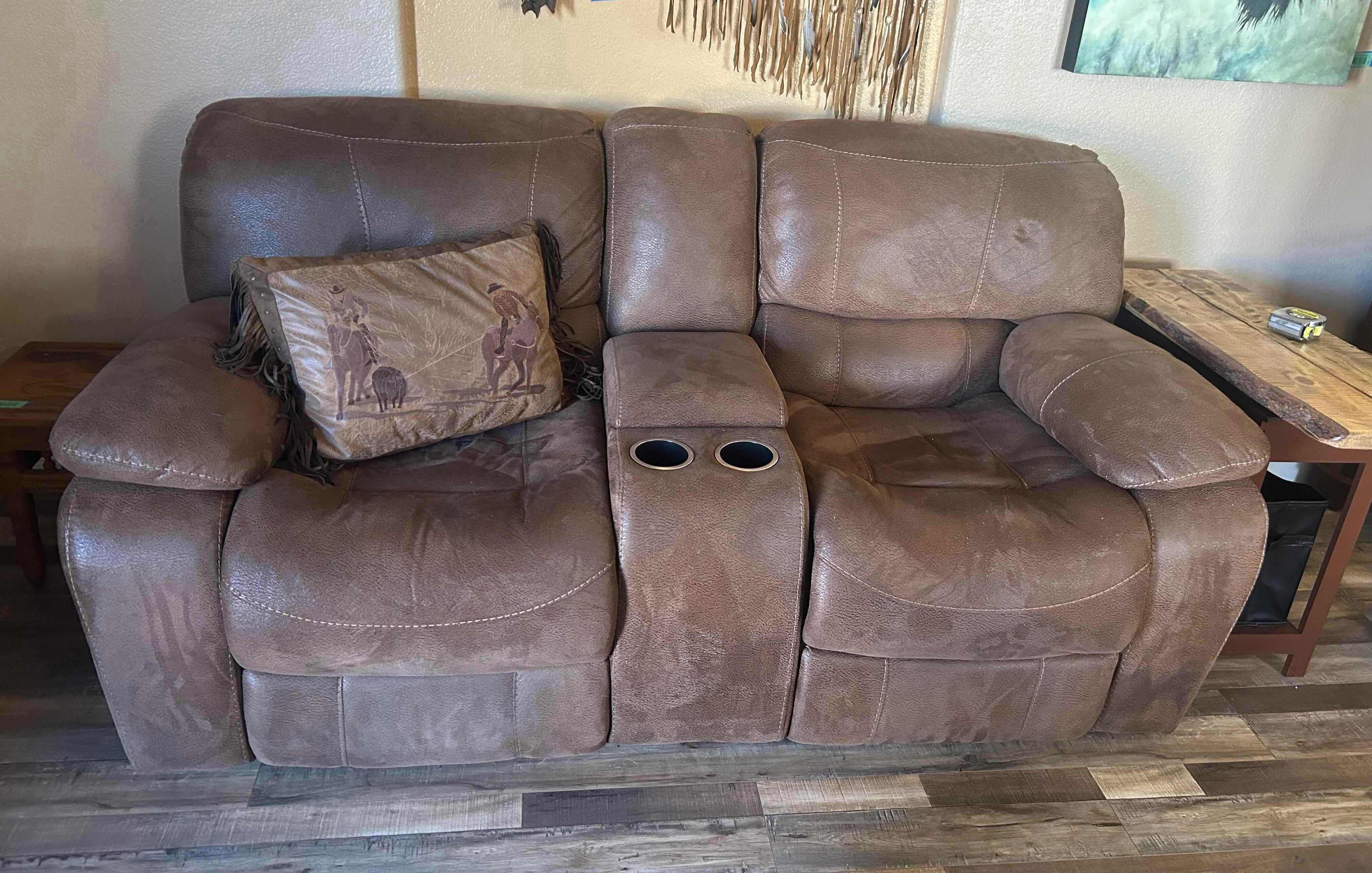 Photo 1 of BROWN SOFT SUEDE RECLINING LOVESEAT W CENTER CONSOLE & CUP HOLDERS 6.5FT