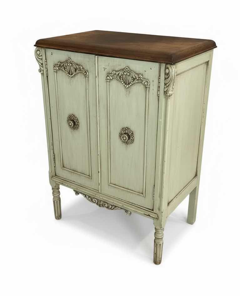 Photo 1 of ANTIQUE SPARTON AC RECEIVER CABINET - EUROPEAN-STYLE WITH DISTRESSED LIGHT GREEN FINISH AND WOOD TOP 25 1/2“ x 13 1/2“ x H35“ SPARKS WITHINGTON CO