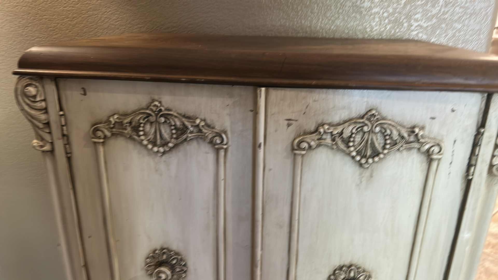 Photo 1 of ANTIQUE SPARTON AC RECEIVER CABINET - EUROPEAN-STYLE WITH DISTRESSED LIGHT GREEN FINISH AND WOOD TOP 25 1/2“ x 13 1/2“ x H35“ SPARKS WITHINGTON CO