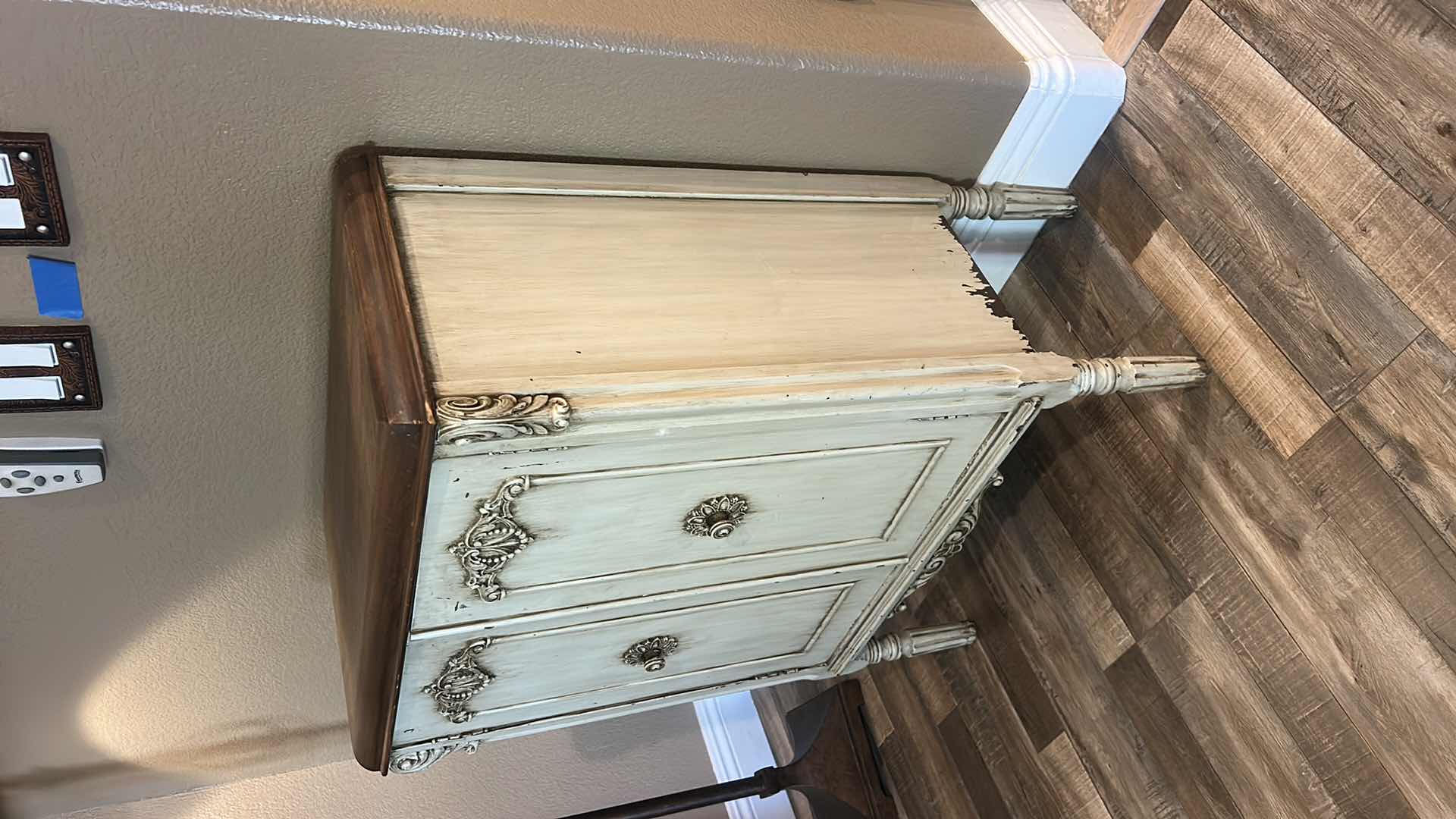 Photo 1 of ANTIQUE SPARTON AC RECEIVER CABINET - EUROPEAN-STYLE WITH DISTRESSED LIGHT GREEN FINISH AND WOOD TOP 25 1/2“ x 13 1/2“ x H35“ SPARKS WITHINGTON CO