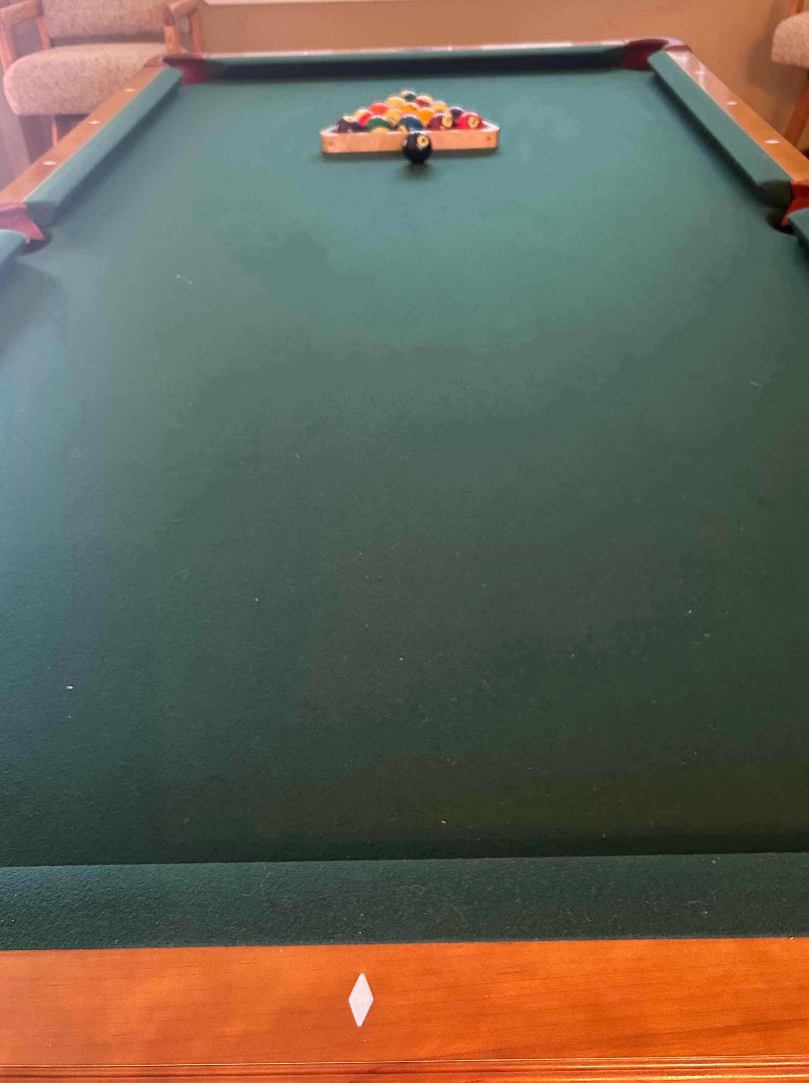Photo 1 of AUTHENTIC BRUNSWICK POOL TABLE W GREEN FELT & FRINGED LEATHER POCKETS COVER INCLUDED 95" X 53" H 32"