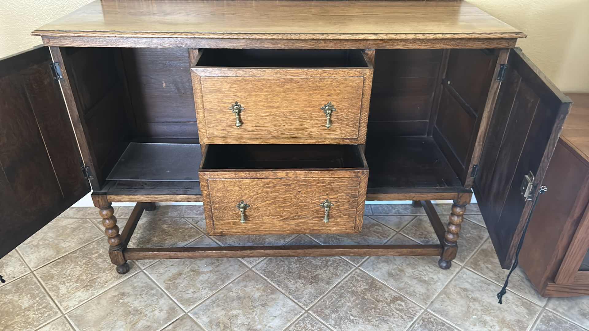 Photo 1 of ANTIQUE OAK JACOBEAN STYLE SIDEBOARD W BARKEY TWIST LEGS 53" X 29" H 38 RETAIL $700-$1500
