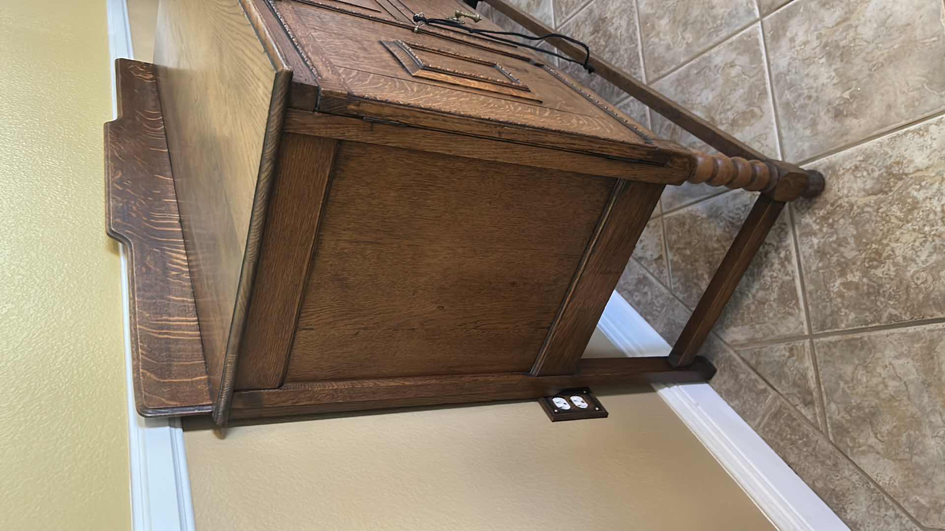 Photo 1 of ANTIQUE OAK JACOBEAN STYLE SIDEBOARD W BARKEY TWIST LEGS 53" X 29" H 38 RETAIL $700-$1500