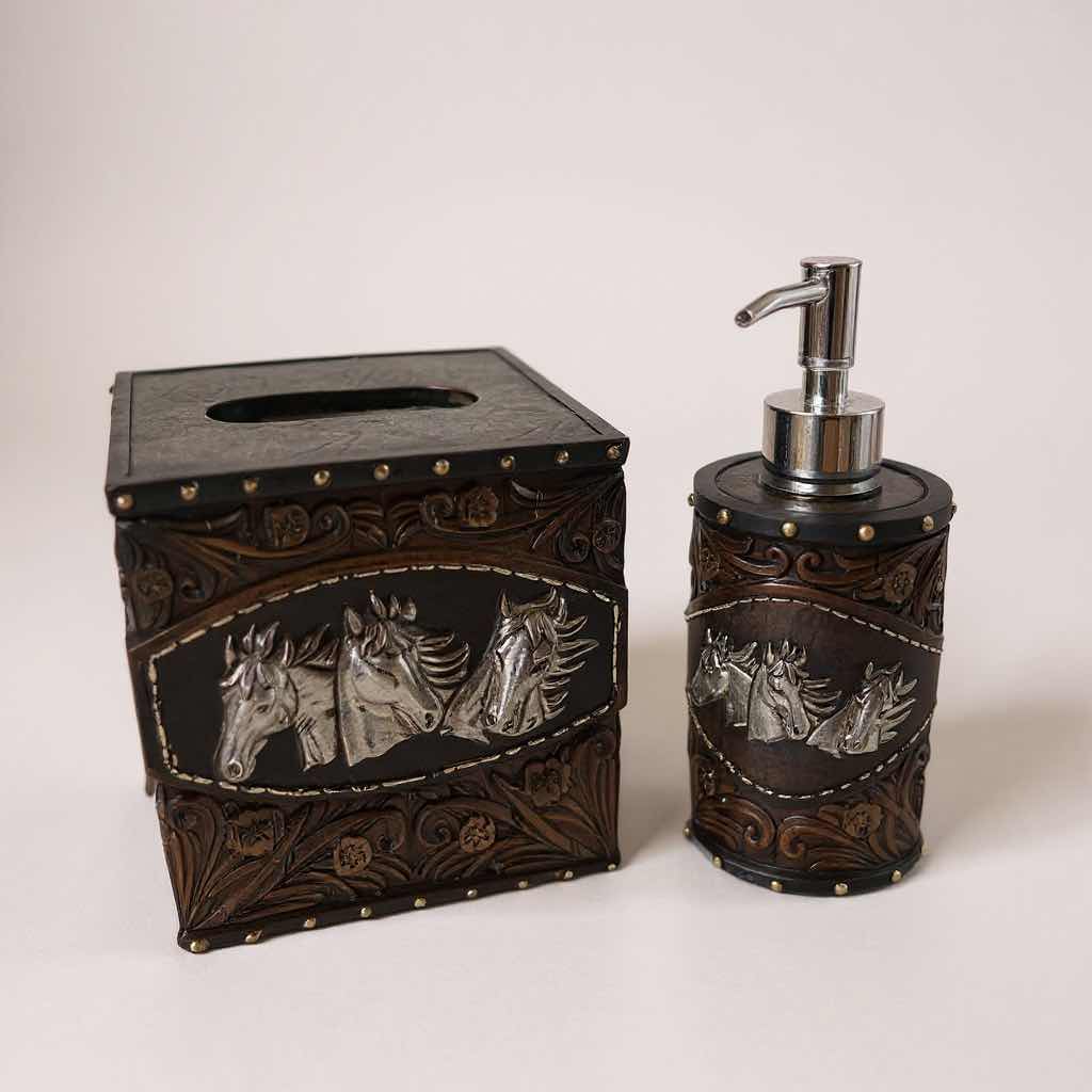 Photo 1 of HORSE TOOLED TISSUE BOX & SOAP DISPENSER