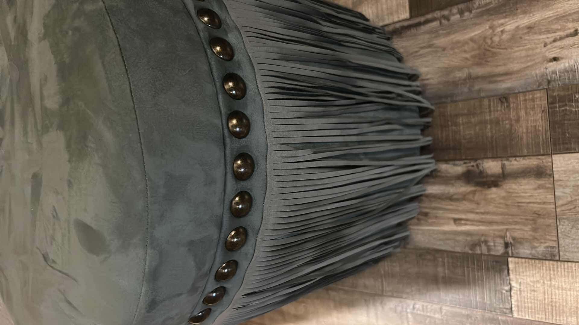 Photo 1 of GREEN SUEDE FRINGED NAILHEAD HASSOCK H 17"
