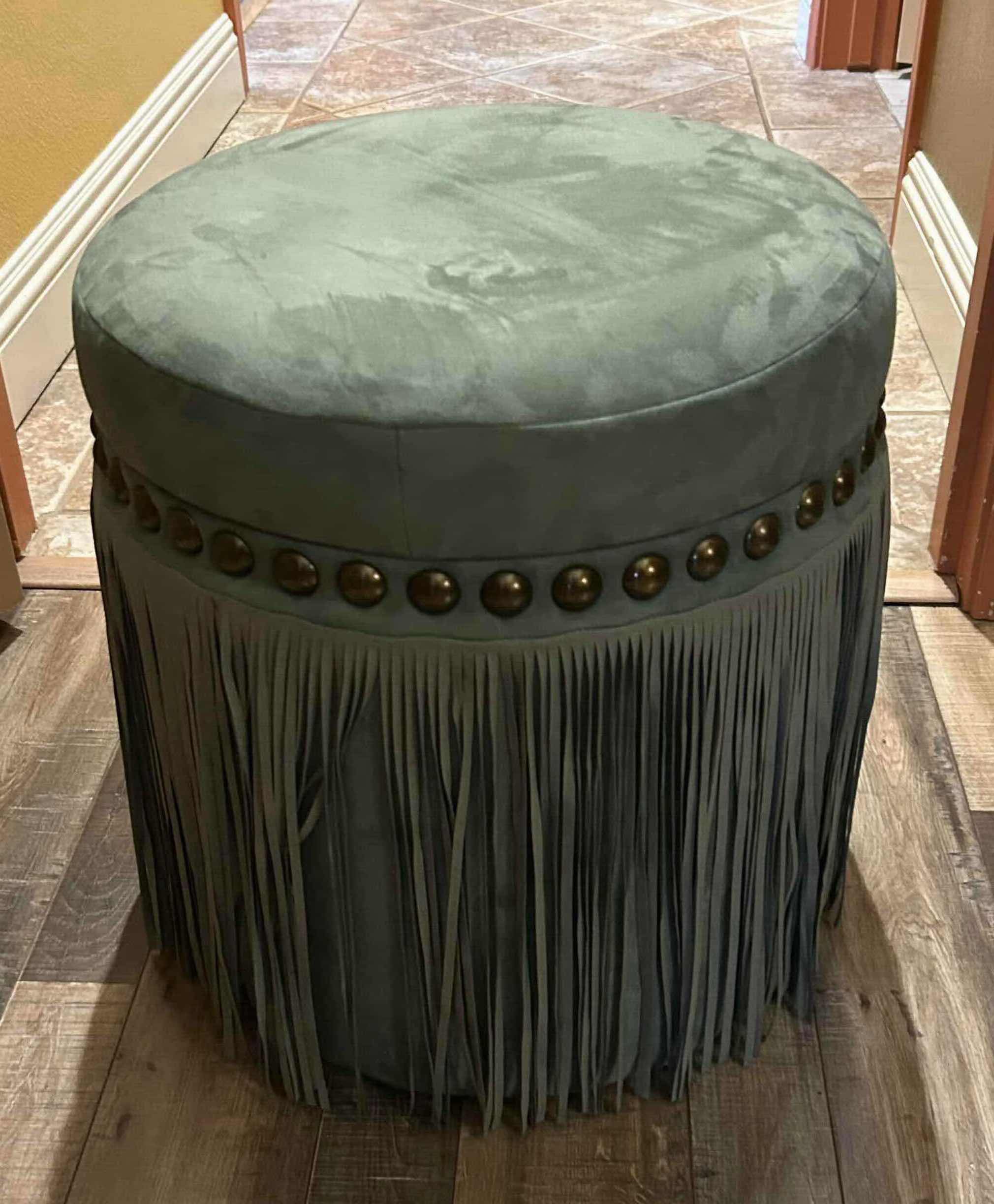 Photo 1 of GREEN SUEDE FRINGED NAILHEAD HASSOCK H 17"