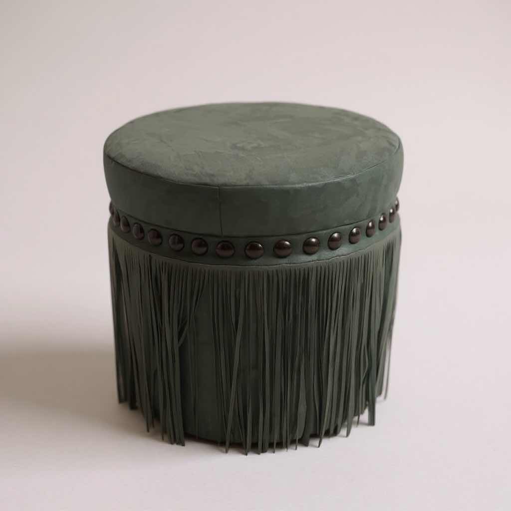 Photo 1 of GREEN SUEDE FRINGED NAILHEAD HASSOCK H 17"