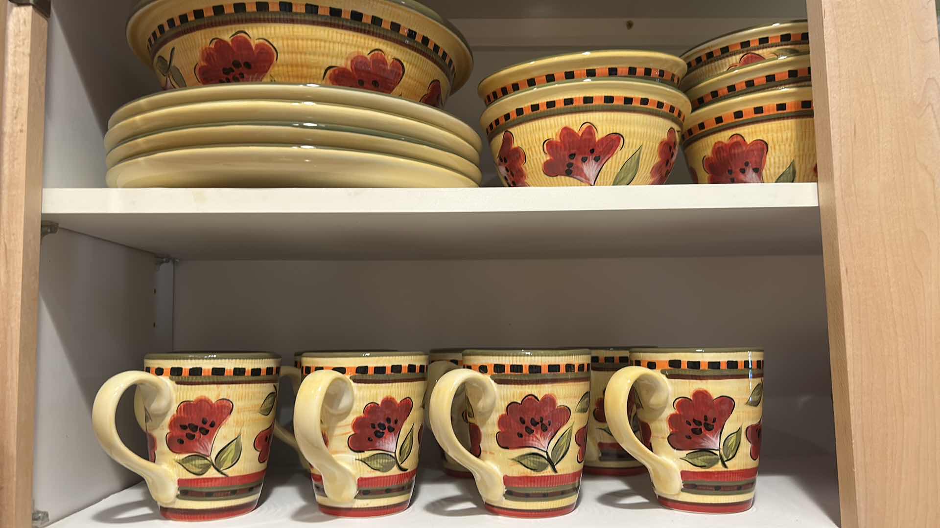 Photo 1 of CONTENTS OF 3 SHELVES -RARE DISCONTINUED MEXICAN POTTERY “LOLA” HAND PAINTED CERAMIC DINNER WARE