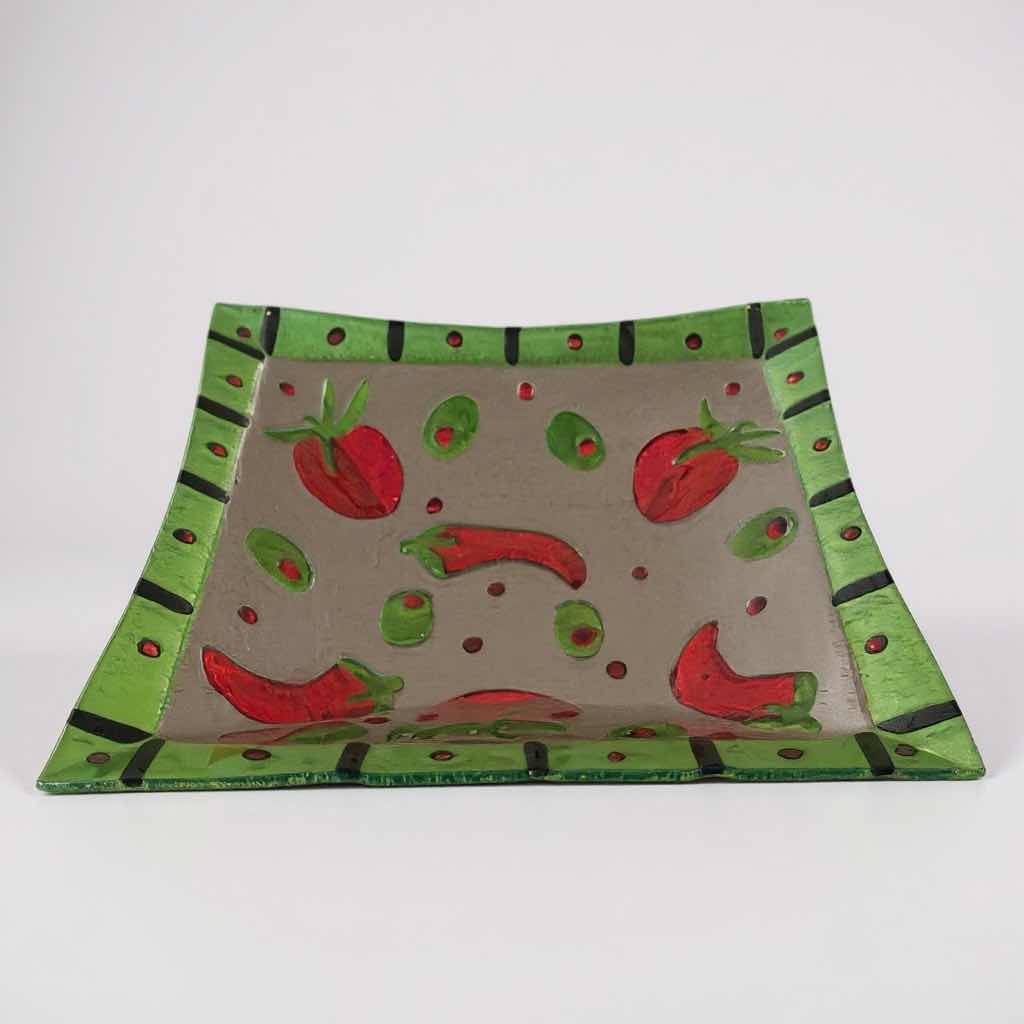 Photo 1 of 2 HAND PAINTED DECORATIVE PLATE "LOLA" & FUSED ART GLASS W CHILI PEPPER DESIGN