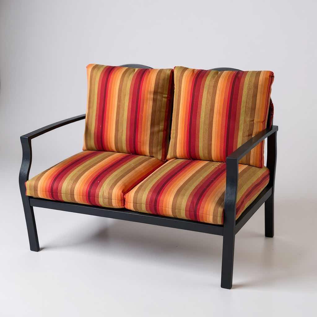 Photo 1 of COASTAL METAL FRAME LOVESEAT W ORANGE STRIPED CUSHIONS 48" X 25