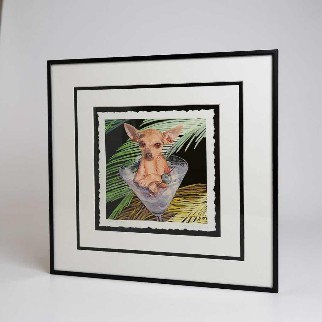 Photo 1 of BLACK FRAMED "CHIHUAHUA IN A MARTINI GLASS " DIGITAL WOOD ENGRAVING OIL PAINTING BY JANE BILLMAN 16" X 18"