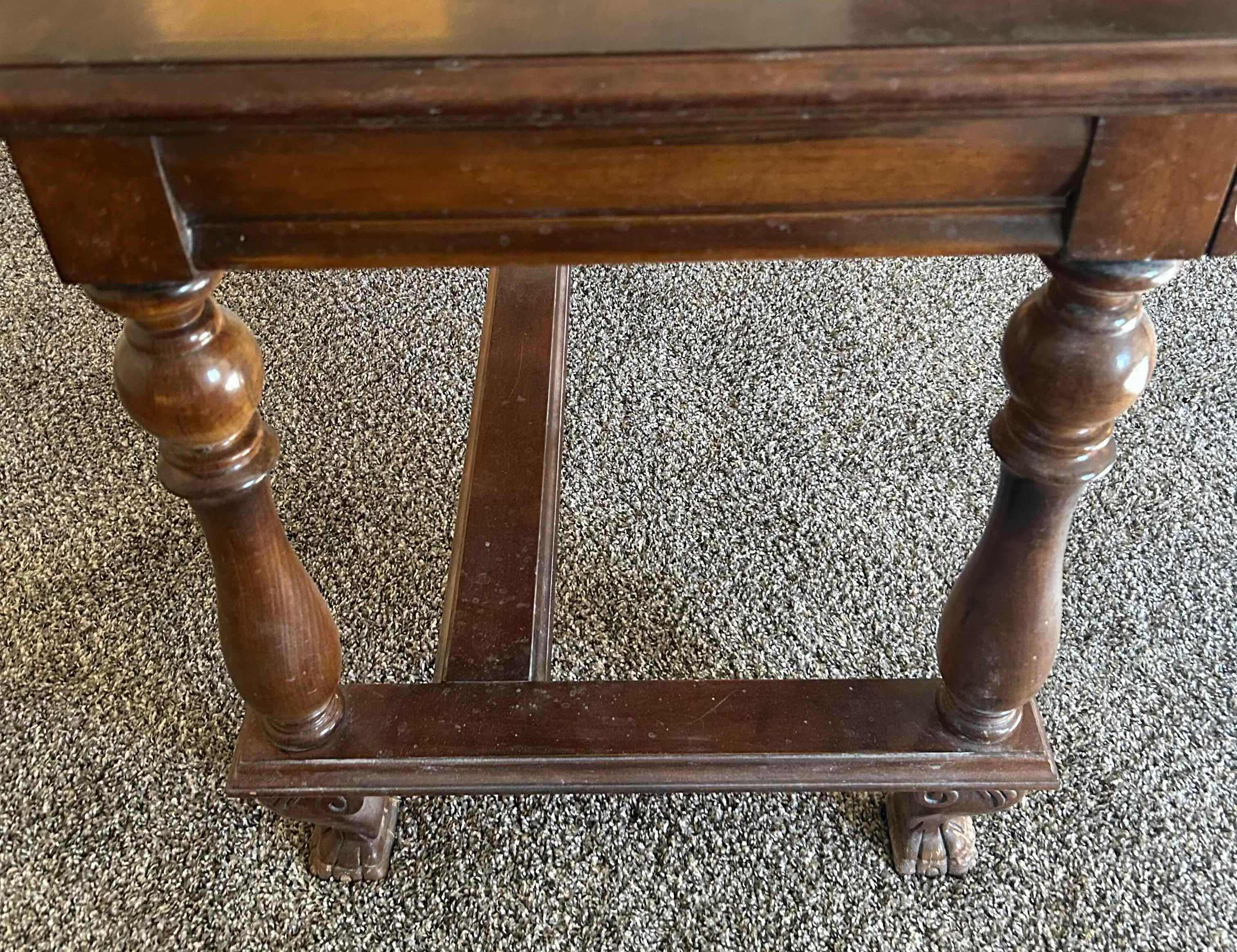 Photo 1 of LOUIS XIII STYLE WALNUT WRITING TABLE W LION HEAD RING PULLS 51" X 25" H 29"