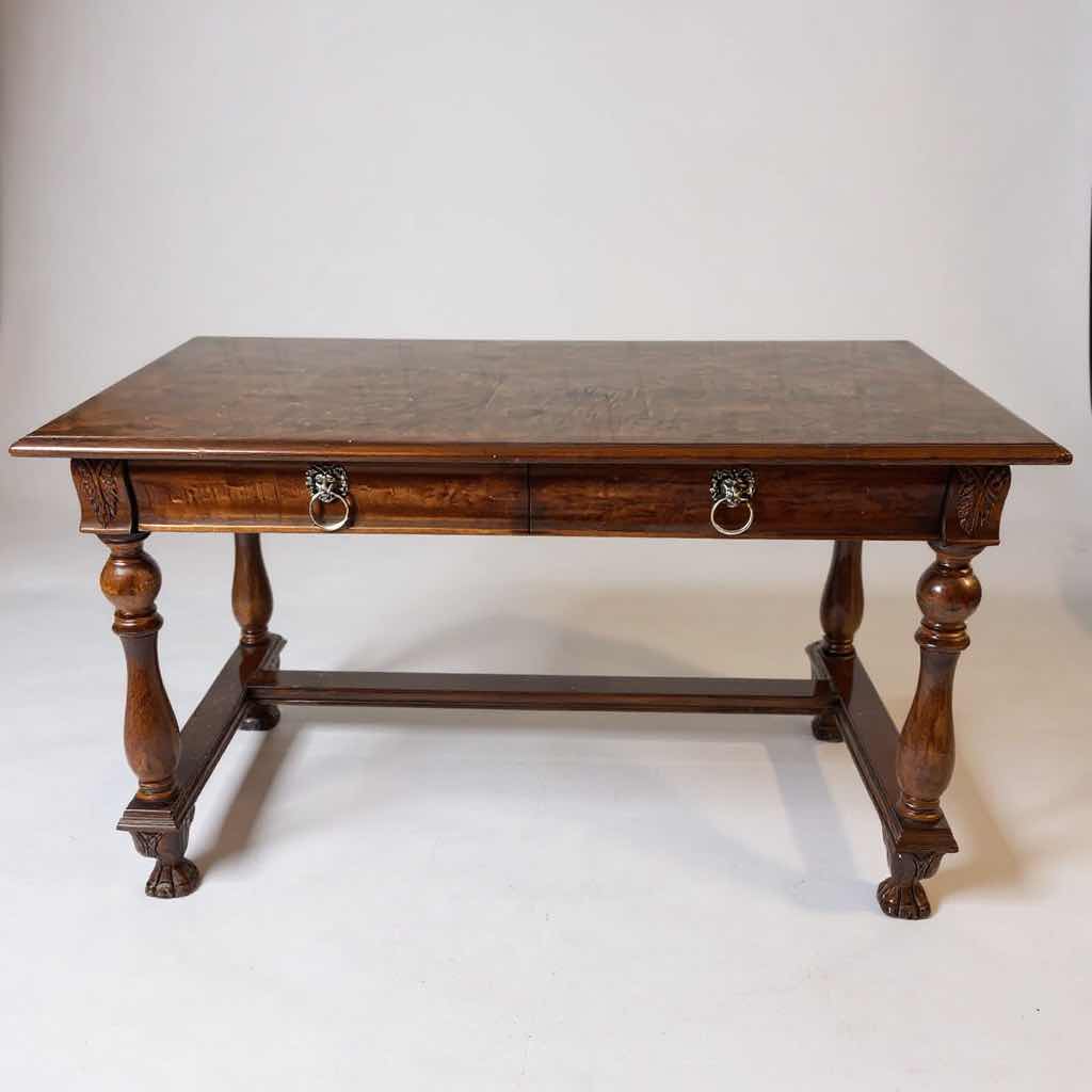 Photo 1 of LOUIS XIII STYLE WALNUT WRITING TABLE W LION HEAD RING PULLS 51" X 25" H 29"
