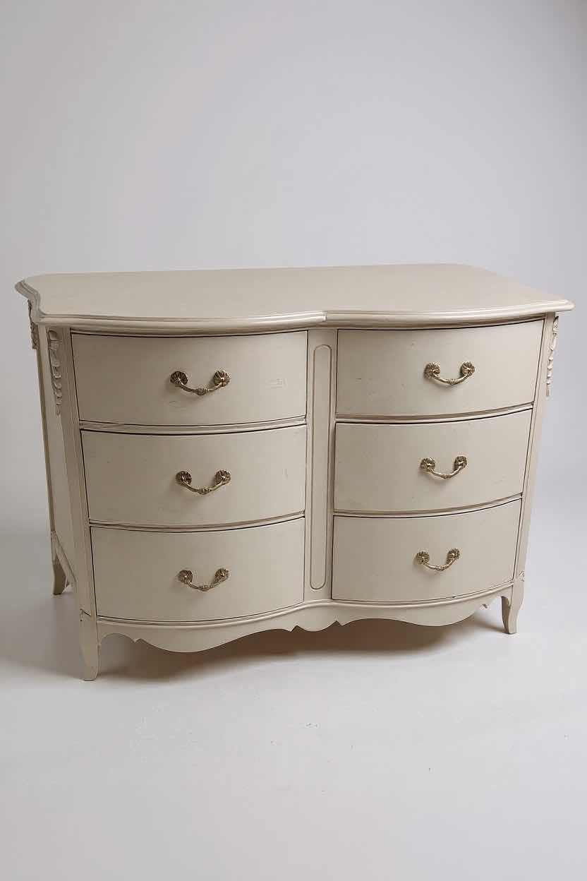 Photo 1 of FRENCH PROVINCIAL DRESSER W DISTRESSED CREAM PAINT & ORNATE BRONZE HARDWARE 53" X 19" H 33"