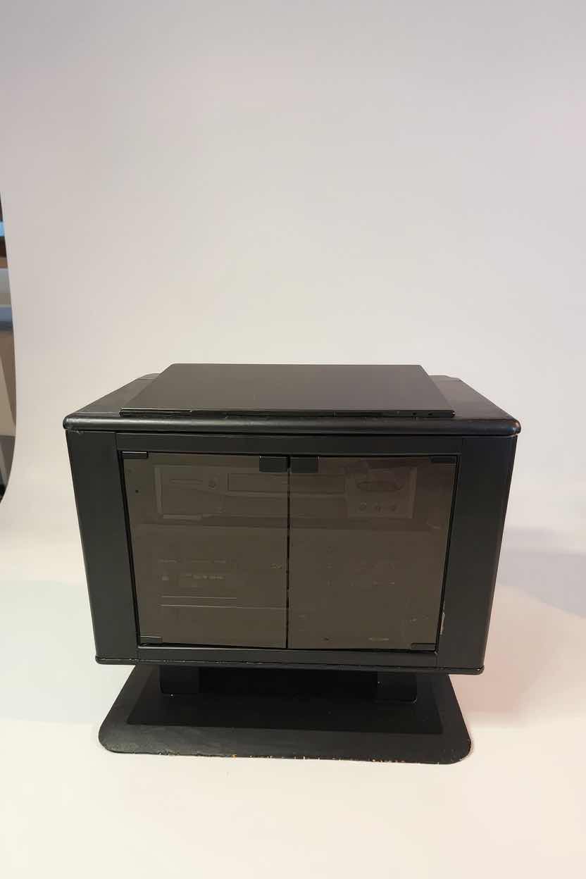 Photo 1 of BLACK RETRO STYLE ELECTRONICS CABINET W TEMPERED GLASS DOORS & SWIVEL TOP 26" X 16" H 23"