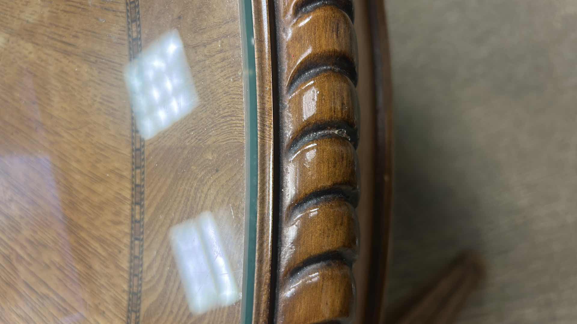 Photo 1 of LOUIS XVI STYLE OVAL DINING TABLE CARVED APRON W GLASS TOP AND LEAF 67" X 48" H 30"