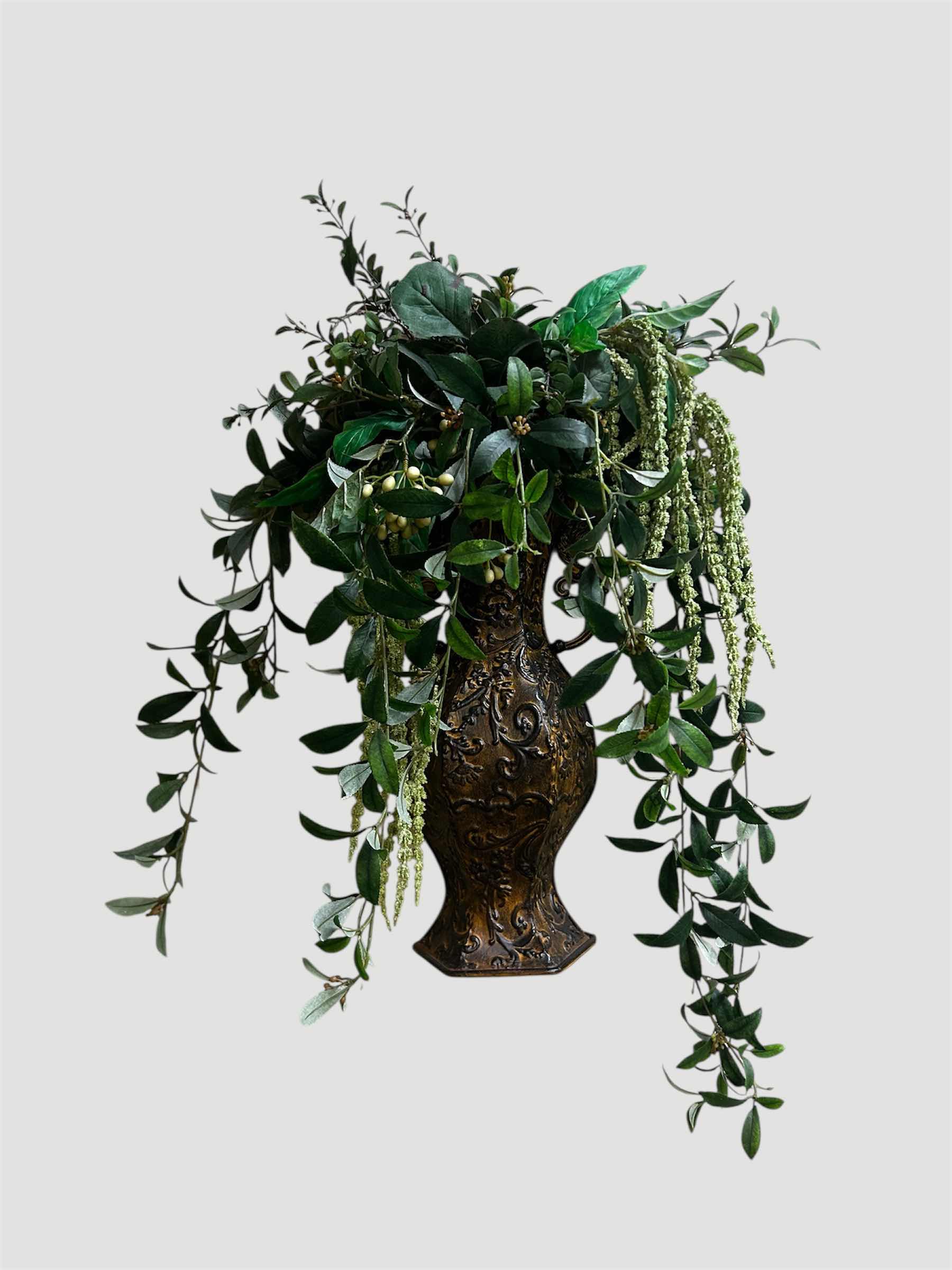 View 1 of FAUX TRAILING GREENERY IN A METAL BRONZE ORNATE WALL VASE H 25"