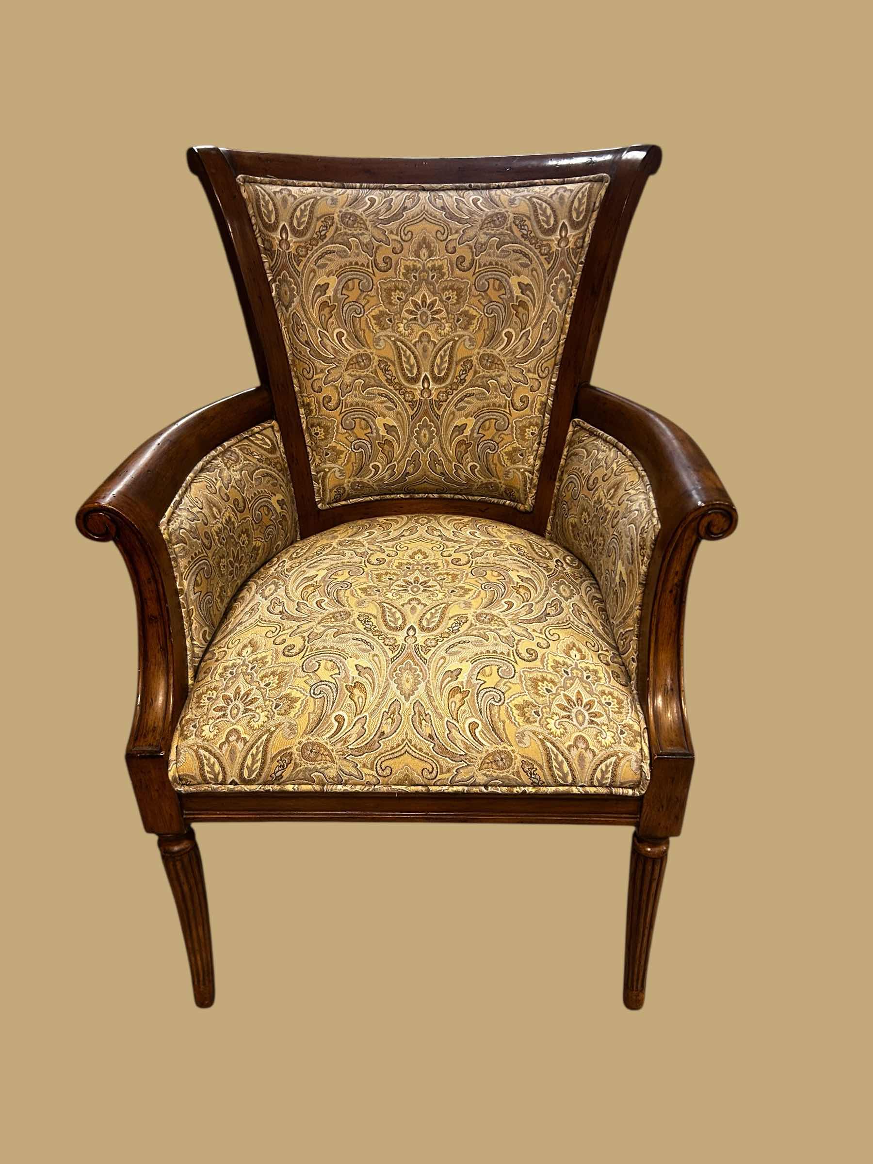 Photo 1 of TRADITIONAL WOOD ACCENT CHAIR W YELLOW GOLD PAISLEY FABRIC