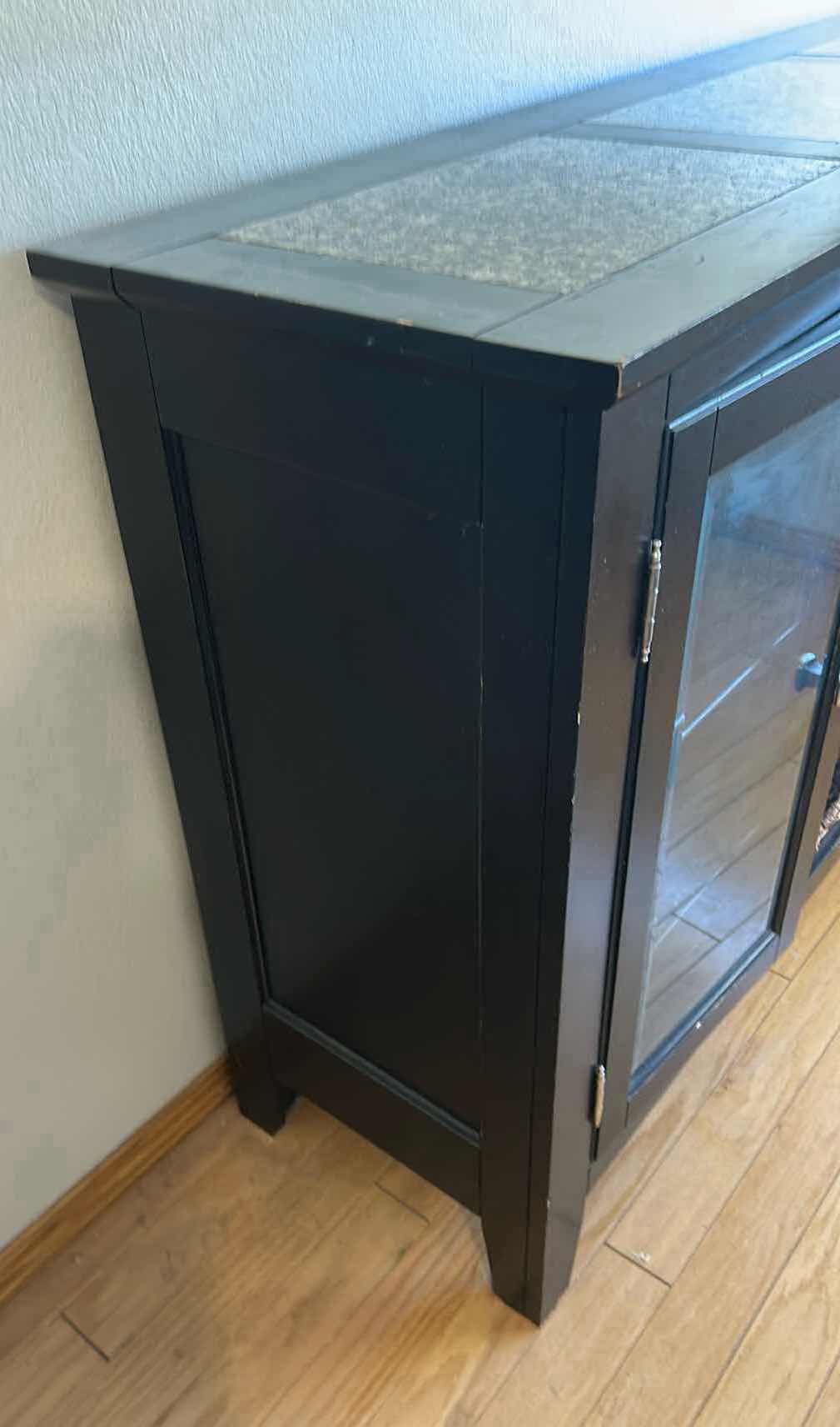 Photo 1 of BLACK FINISH CONSOLE W STONE TOP GLASS DOORS 58"X 17" H 36"