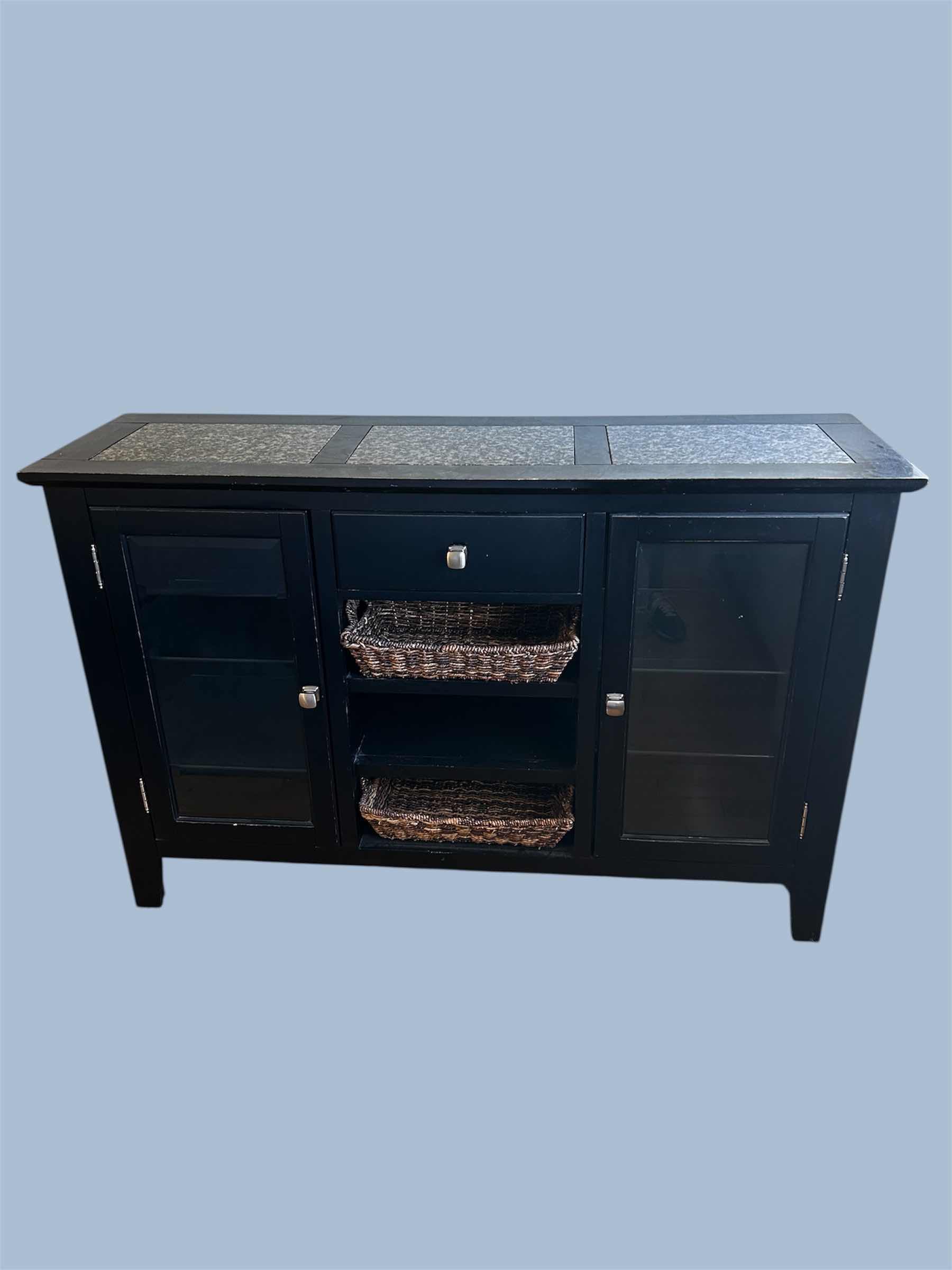 Photo 1 of BLACK FINISH CONSOLE W STONE TOP GLASS DOORS 58"X 17" H 36"