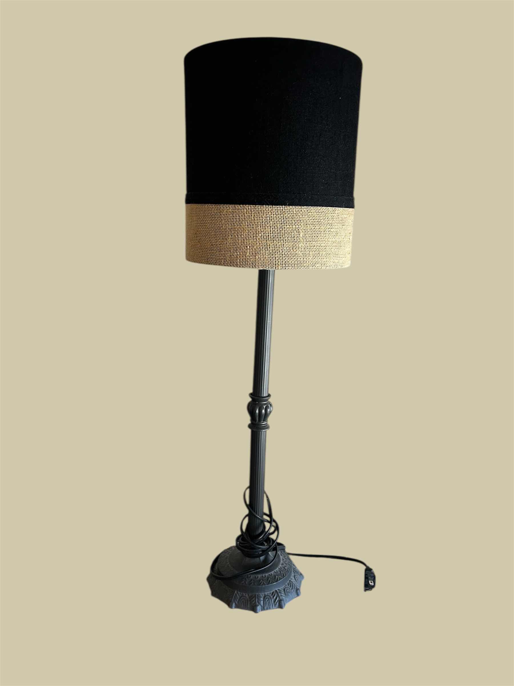 Photo 1 of BLACK METAL TABLE LAMP W TEO TONE BLACK BURLAP FABRIC DRUM SHADE H 30"