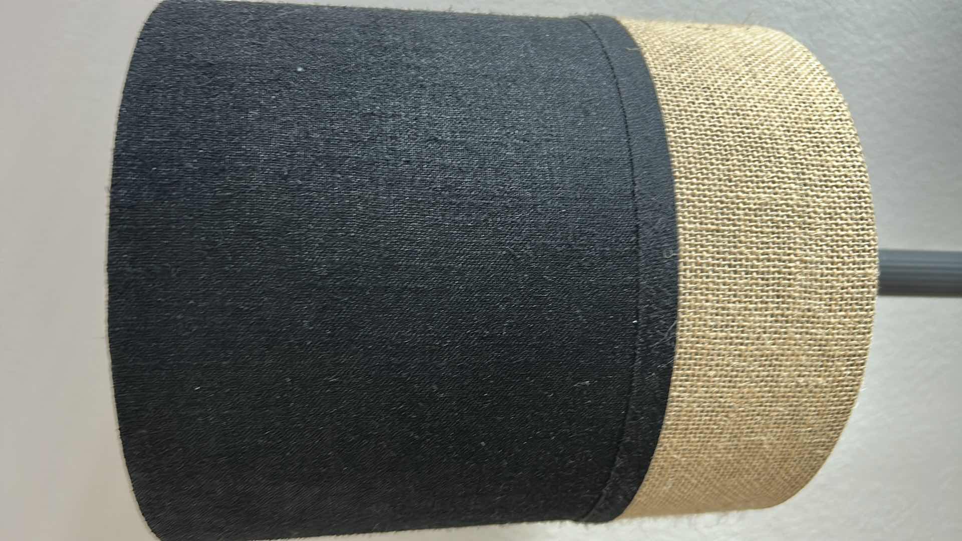 Photo 1 of BLACK METAL TABLE LAMP W TEO TONE BLACK BURLAP FABRIC DRUM SHADE H 30"