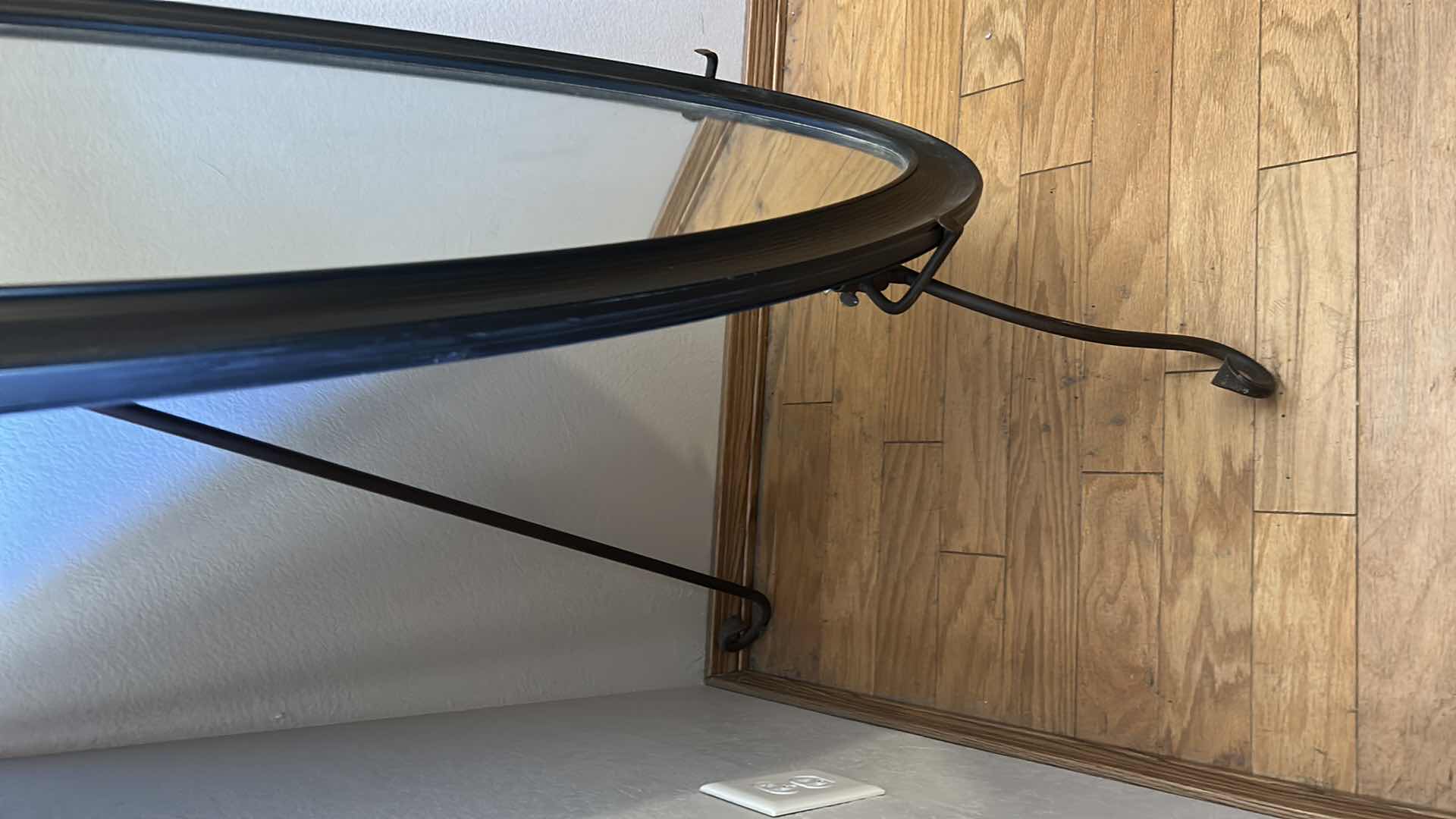 Photo 1 of BLACK OVAL SHAPED CHEVAL FLOOR MIRROR W SCROLL DESIGN STAND 55" X 20"