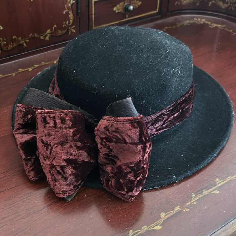 Photo 1 of BLACK FELT HAT W BURGUNDY VELVET RIBBON AND BOW