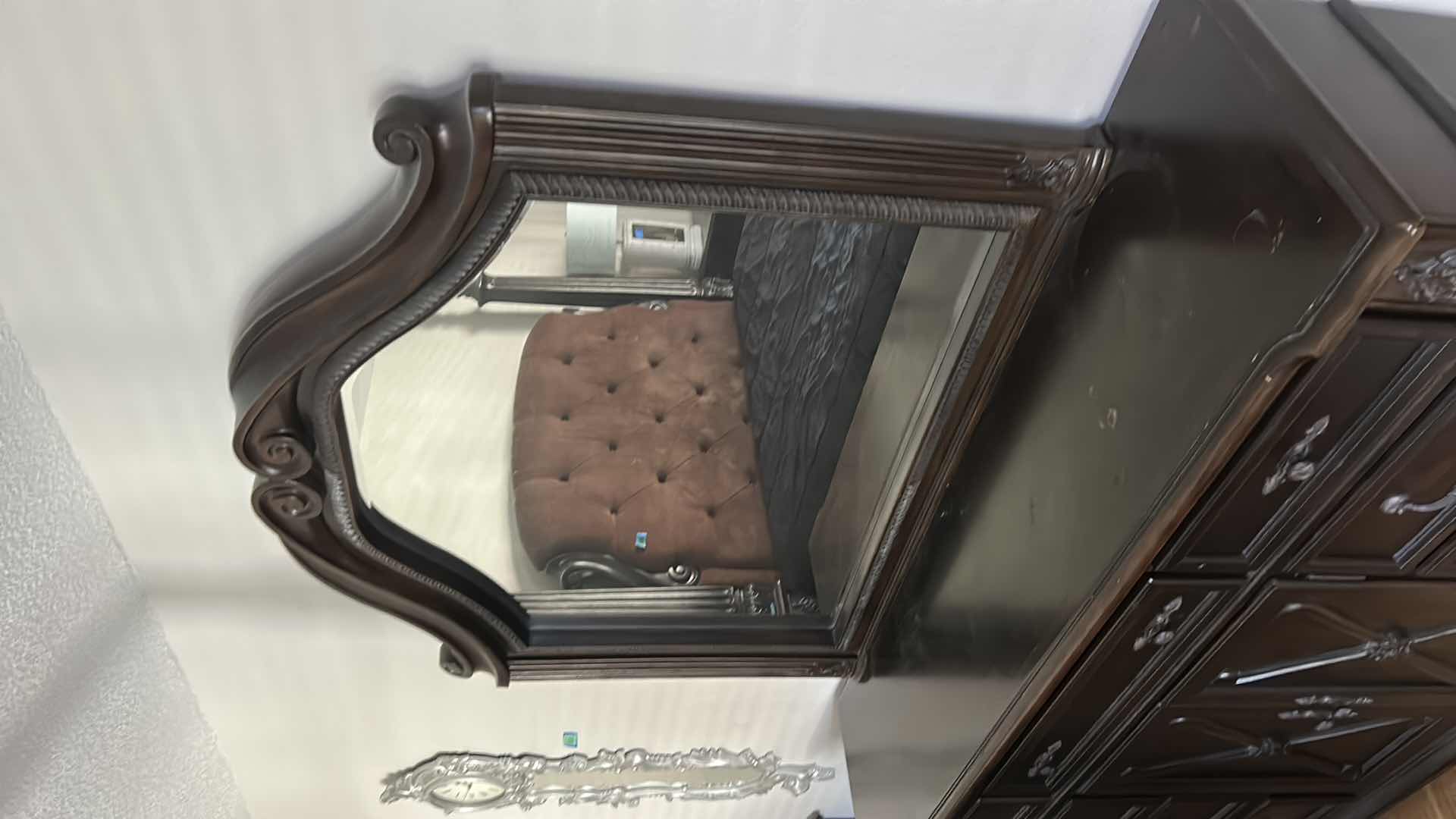 Photo 1 of TRADITIONAL 9 DRAWER DRESSER W CENTER DOORS ARCHED MIRROR IN ANTIQUE EBONY FINISH 72" X 19" H 37"