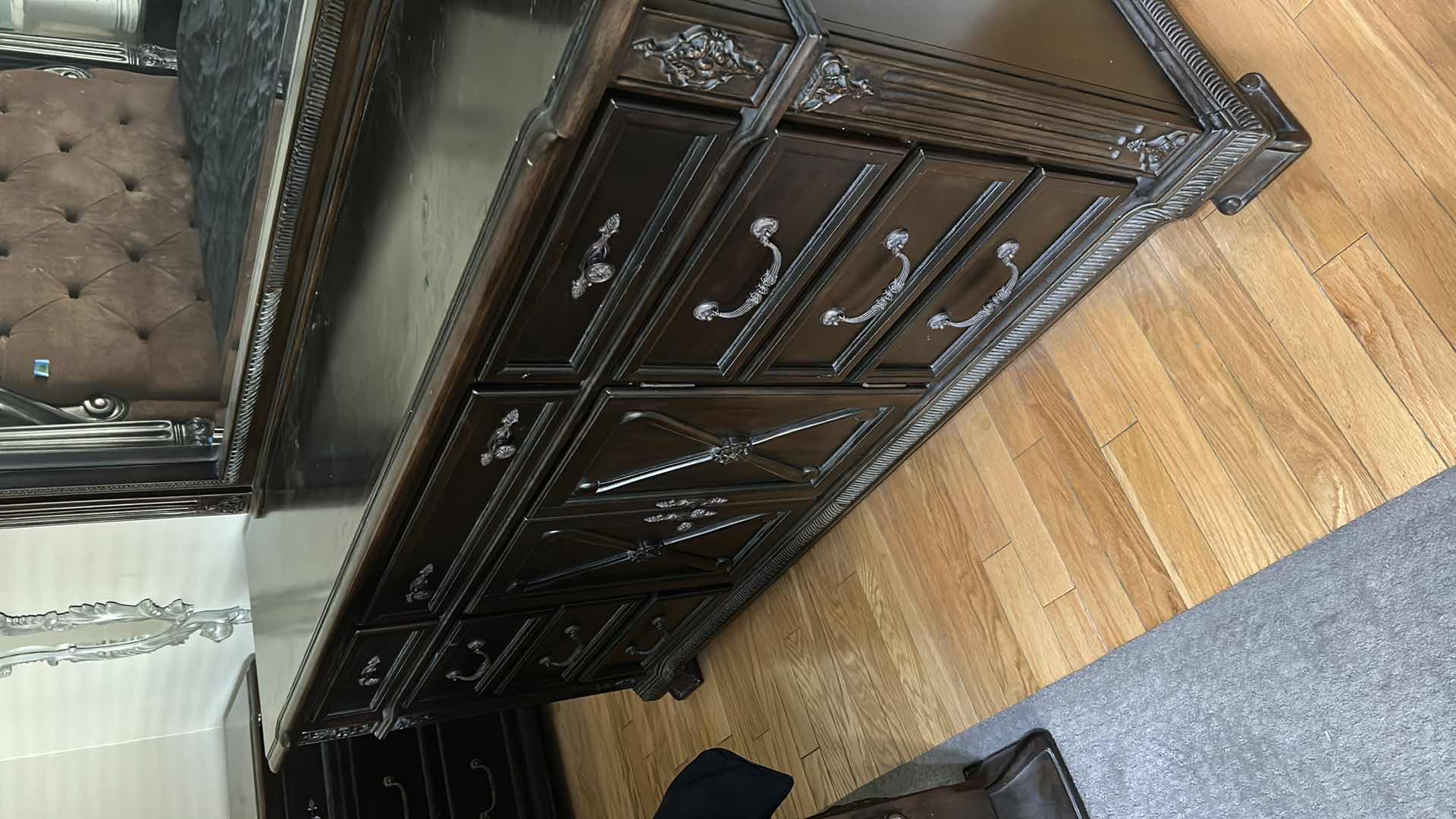 Photo 1 of TRADITIONAL 9 DRAWER DRESSER W CENTER DOORS ARCHED MIRROR IN ANTIQUE EBONY FINISH 72" X 19" H 37"