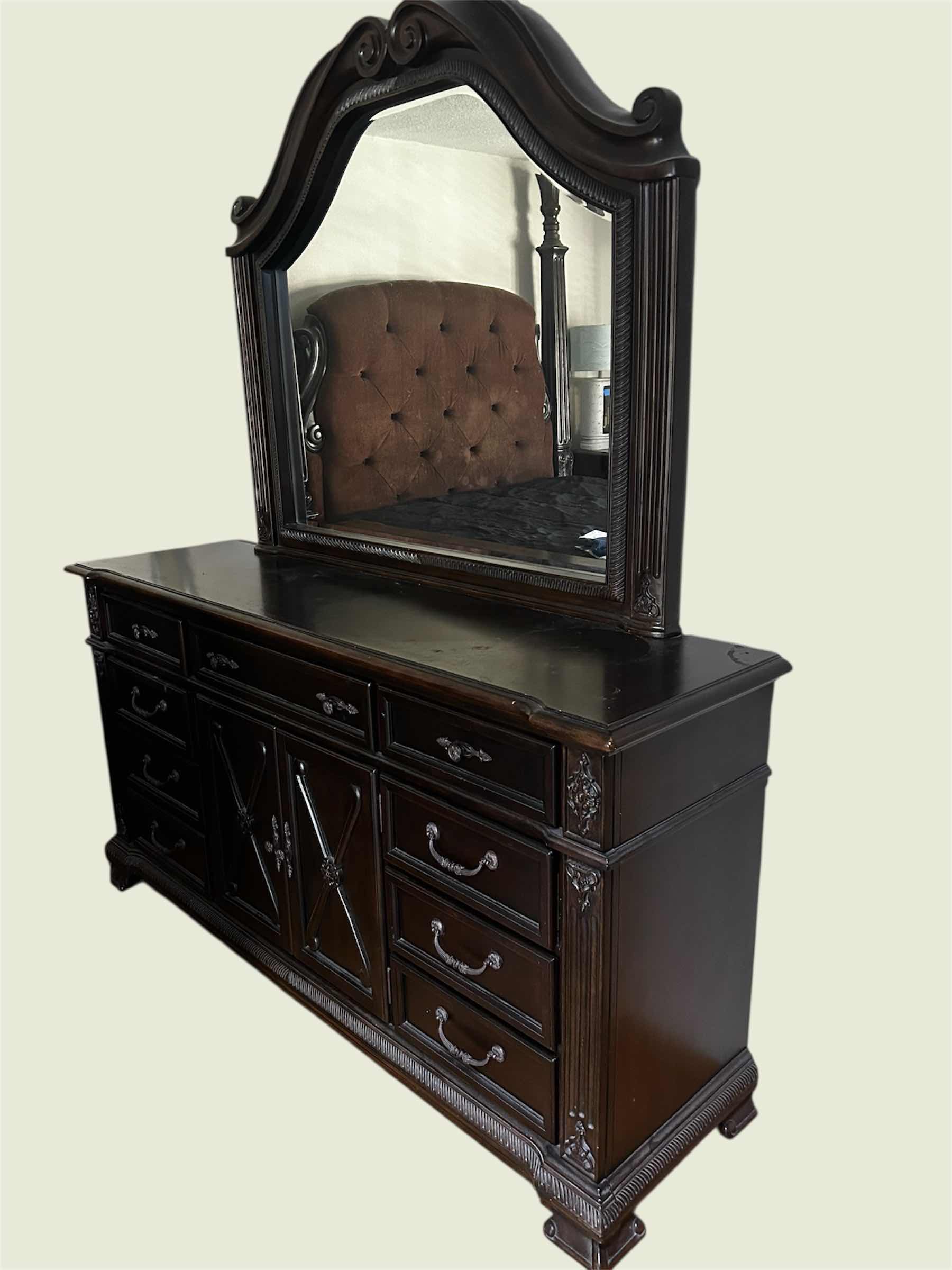 Photo 1 of TRADITIONAL 9 DRAWER DRESSER W CENTER DOORS ARCHED MIRROR IN ANTIQUE EBONY FINISH 72" X 19" H 37"