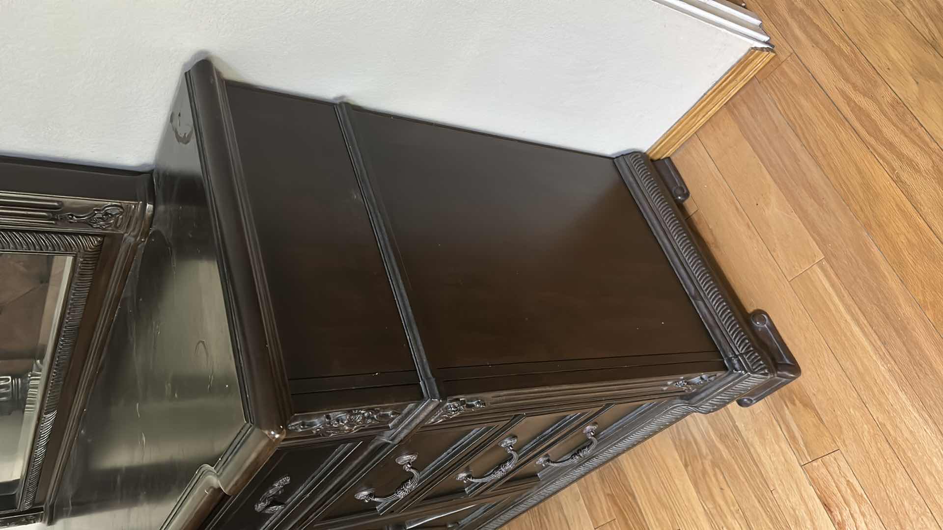 Photo 1 of TRADITIONAL 9 DRAWER DRESSER W CENTER DOORS ARCHED MIRROR IN ANTIQUE EBONY FINISH 72" X 19" H 37"