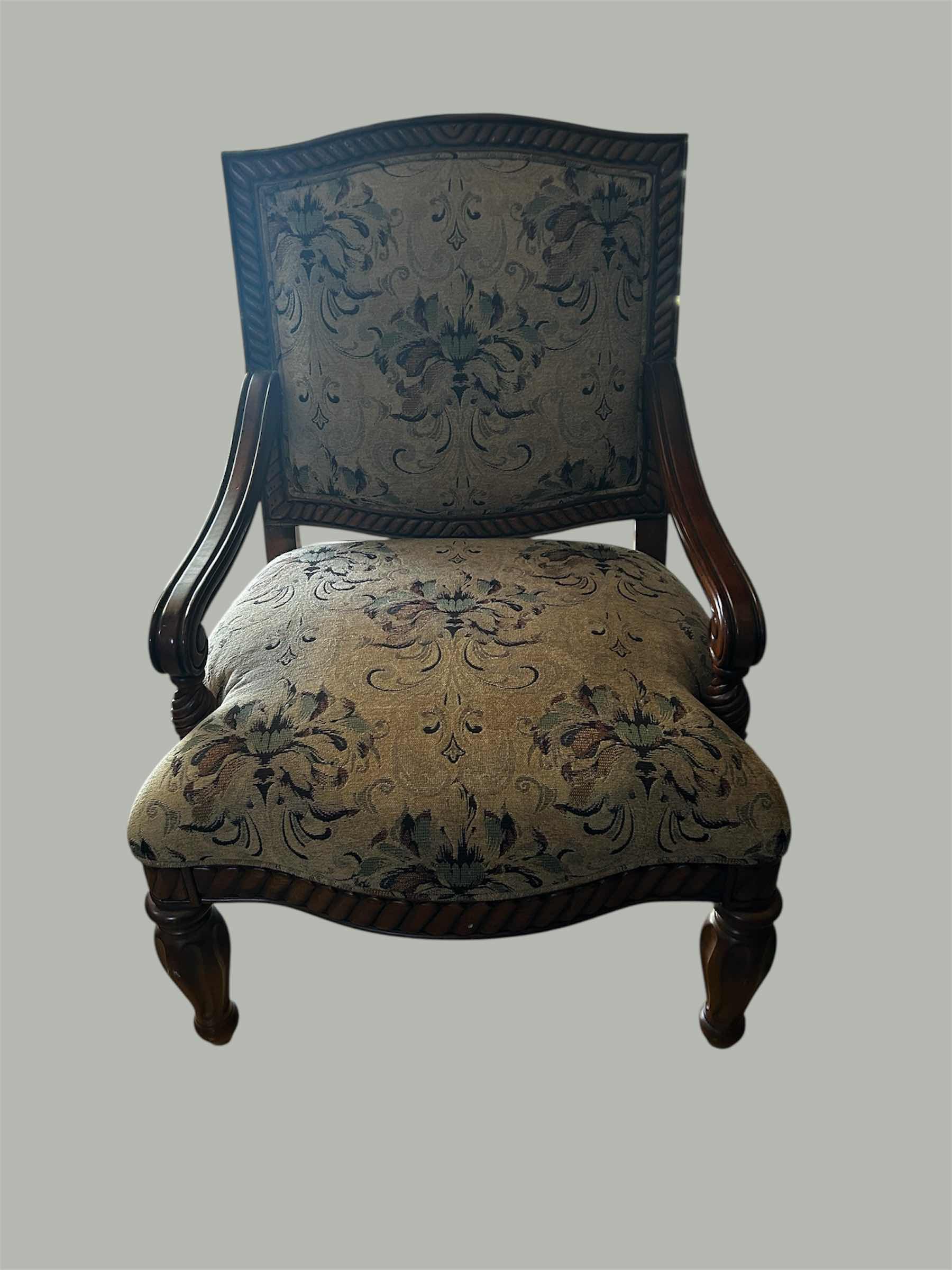 Photo 1 of LOUIS XV STYLE BERGERE ARMCHAIR W CARVED WOOD FRAME FLORAL TAPESTRY UPHOLSTERY