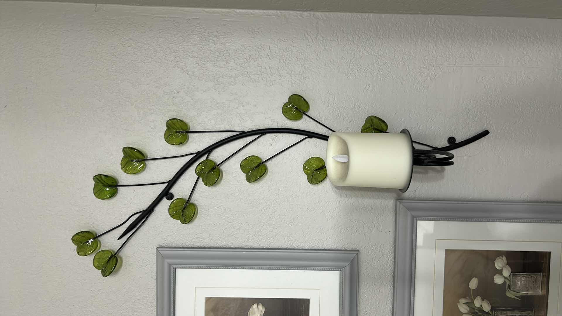 Photo 1 of 2 GRAY FRAMED WALL ART & GREEN LEAF CANDLE HOLDER